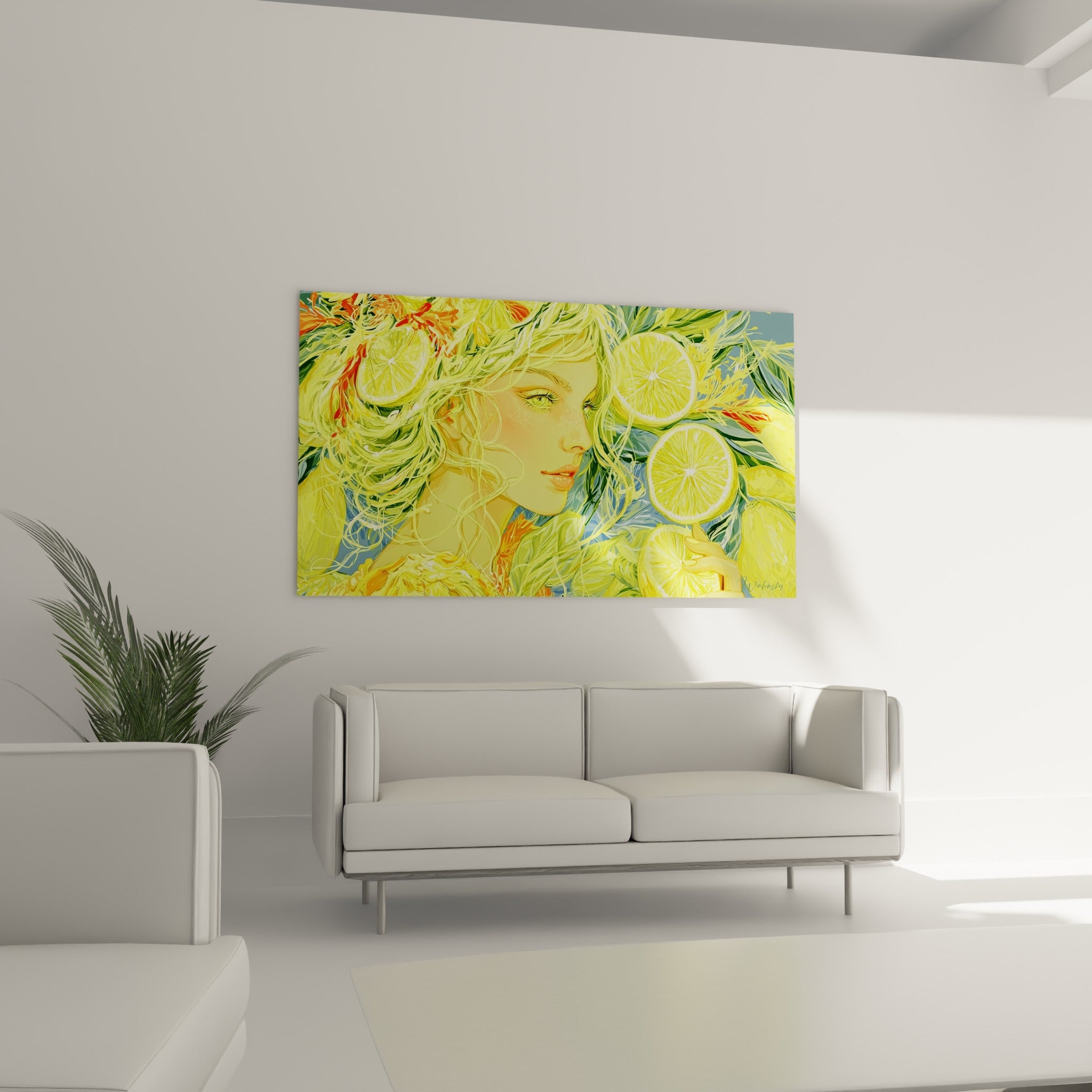Femme au regard émeraude entourée de citrons jaunes, suspendue au-dessus d'un canapé dans un salon lumineux