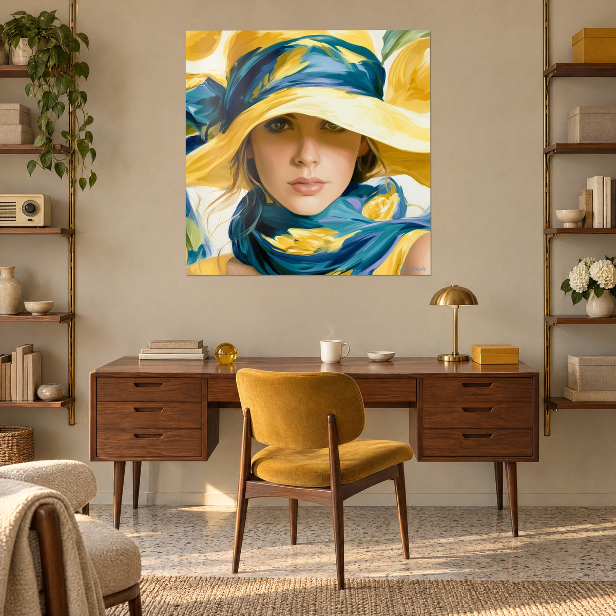 Wall art muse in a pale yellow hat, petrol blue scarf and painted lemons, cream wall above a 1950s wooden desk