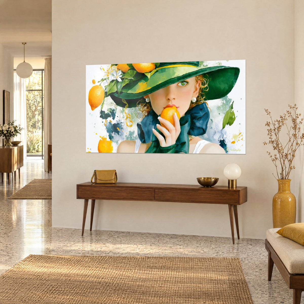 Quadro ritratto ad acquerello di una bionda riccia, occhio verde sotto la tesa del cappello, agrumi giallo zafferano, su una consolle di legno