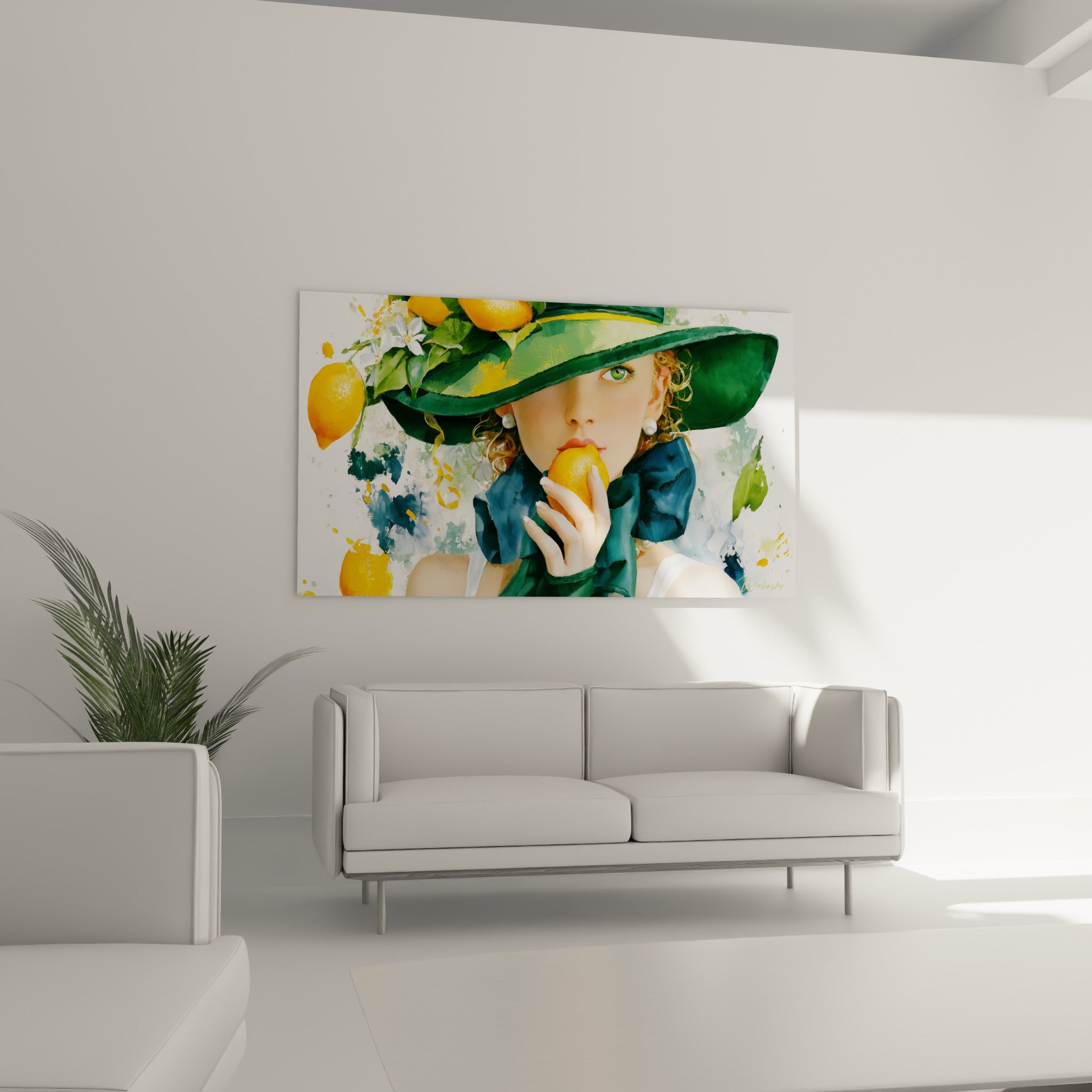 Regard vert intense sous un large chapeau émeraude orné de citrons, accroché au-dessus d'un canapé dans un salon lumineux