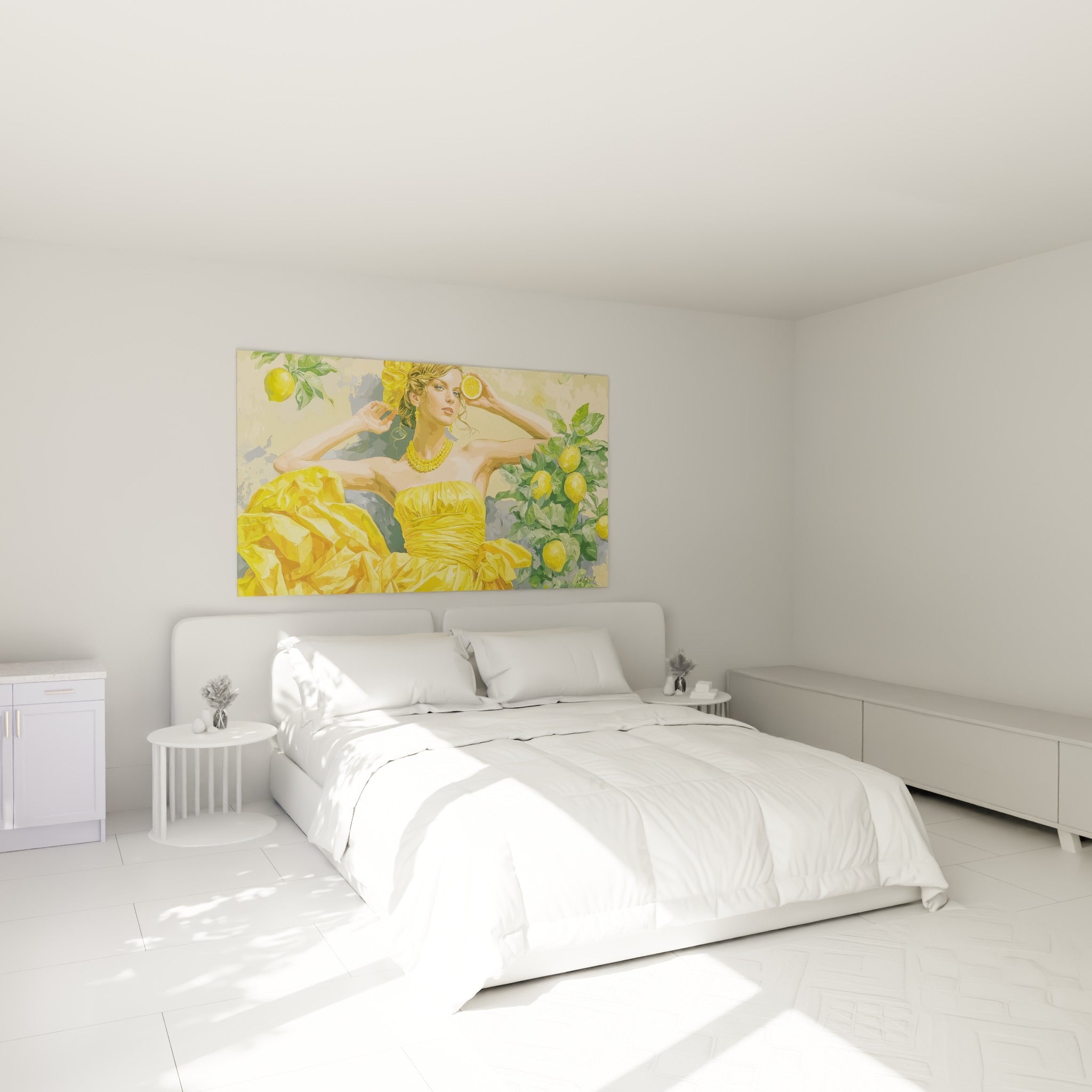 Silhouette vêtue de jaune doré près d'un citronnier vert, accrochée au-dessus d'un lit dans une chambre claire
