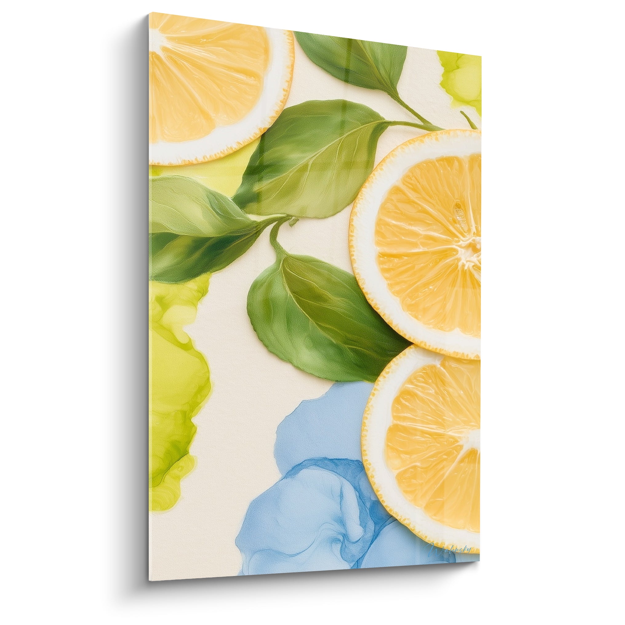 Citron en rondelles jaunes et feuilles vertes sur fond ivoire aux touches bleu pastel