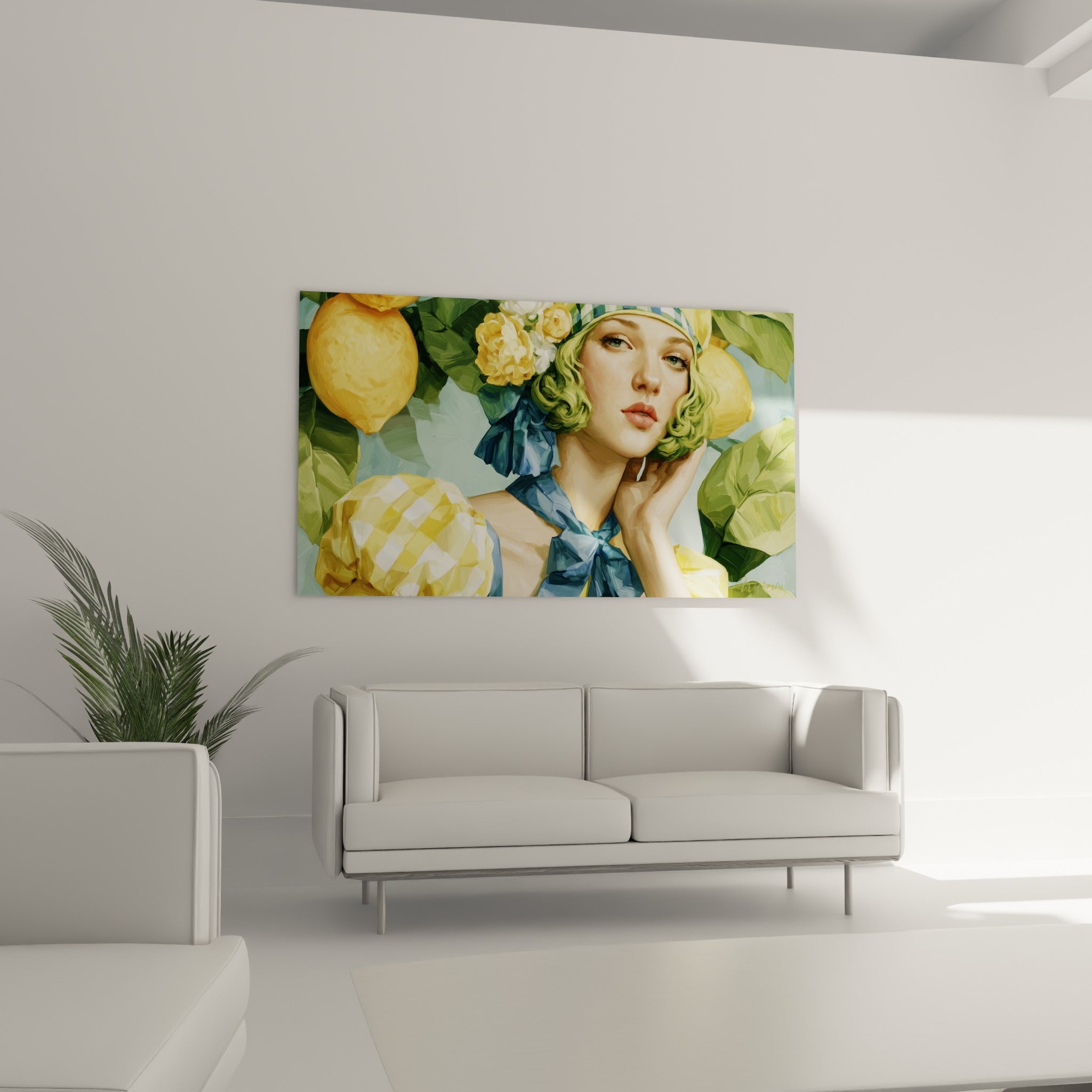 Femme au foulard bleu et fleurs jaunes, disposée au-dessus d'un canapé dans un salon lumineux
