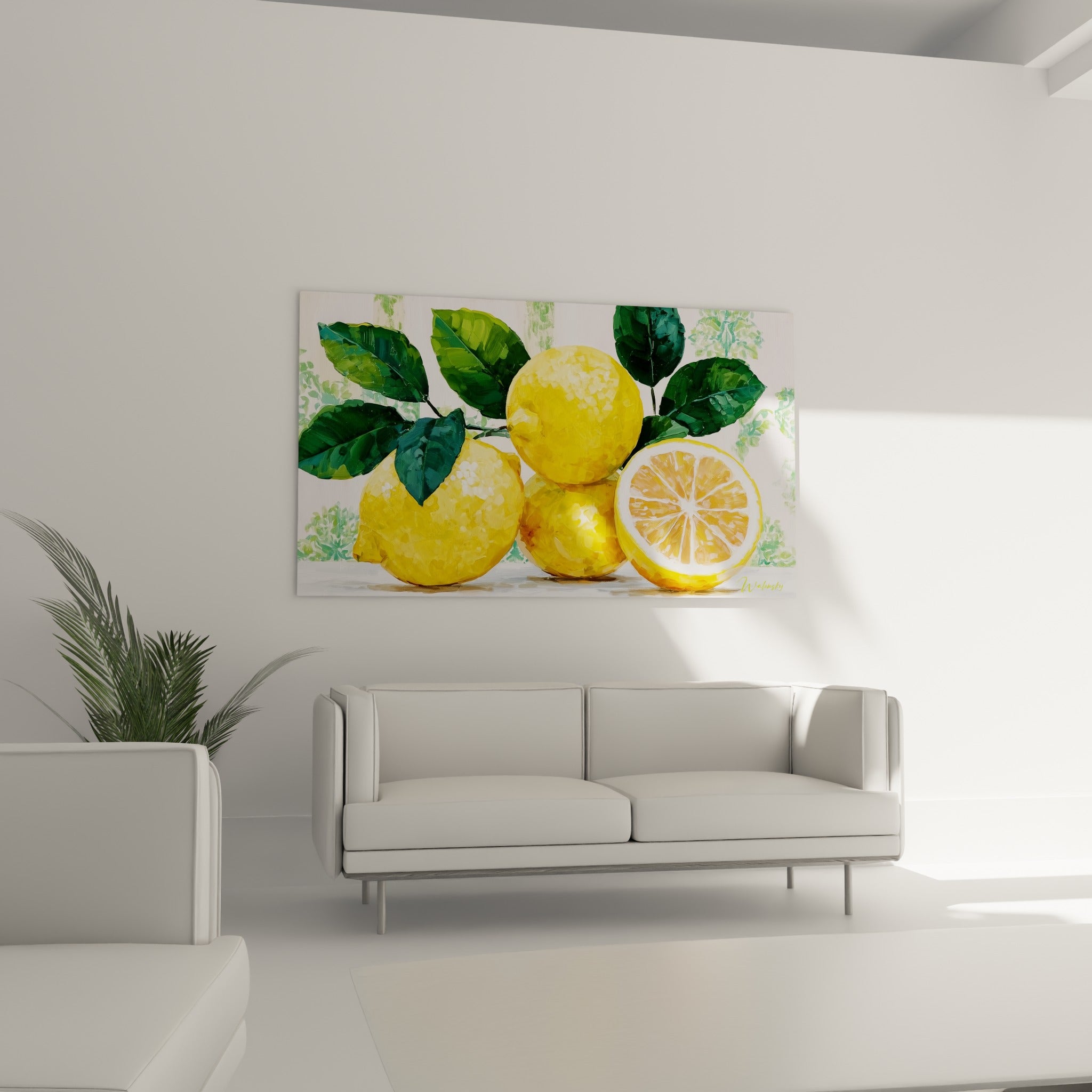 Grappe de citrons jaunes et vert profond peinte à l'huile au-dessus d'un canapé dans un salon lumineux