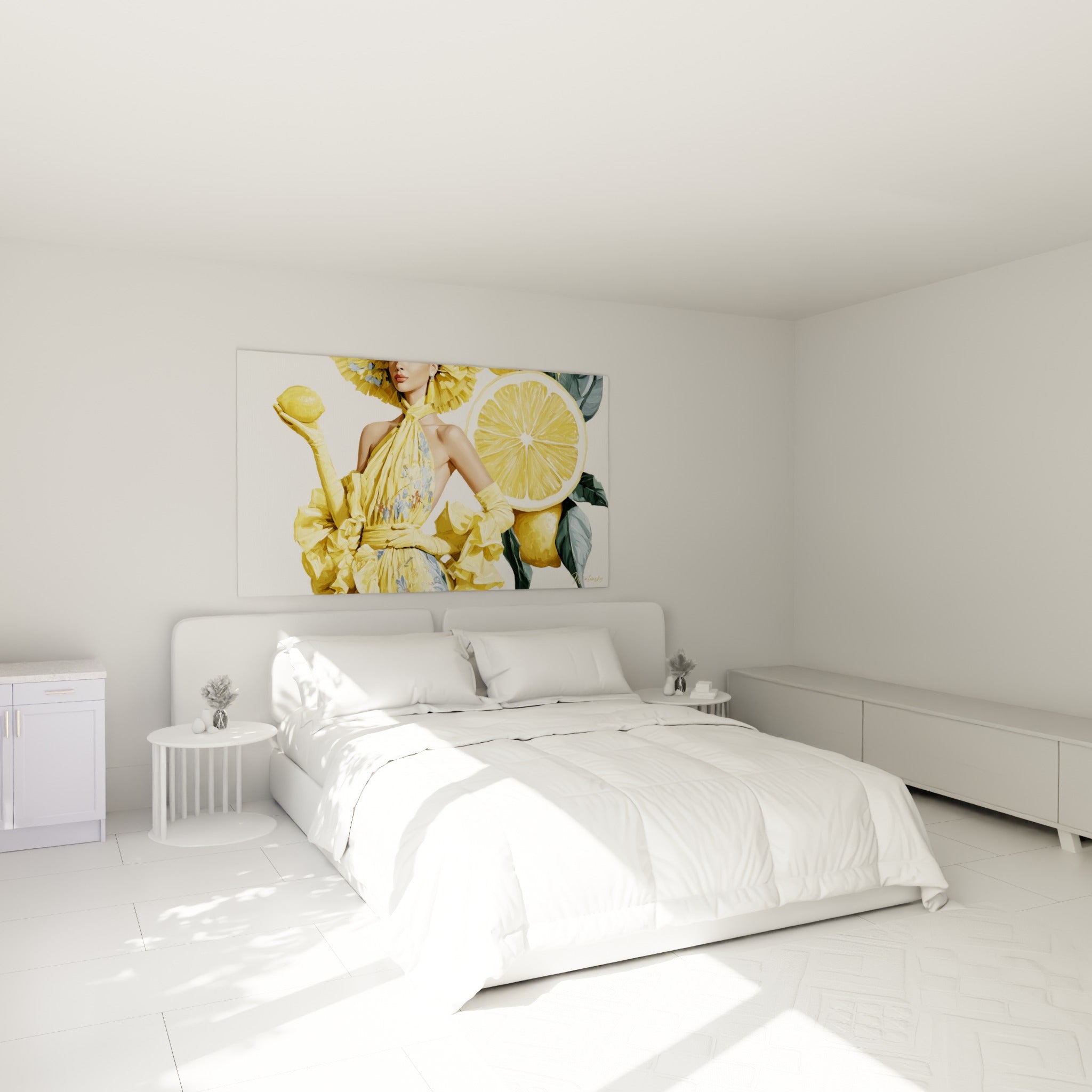 Silhouette vêtue de jaune doré près d'une tranche de citron, accrochée au-dessus d'un lit dans une chambre claire