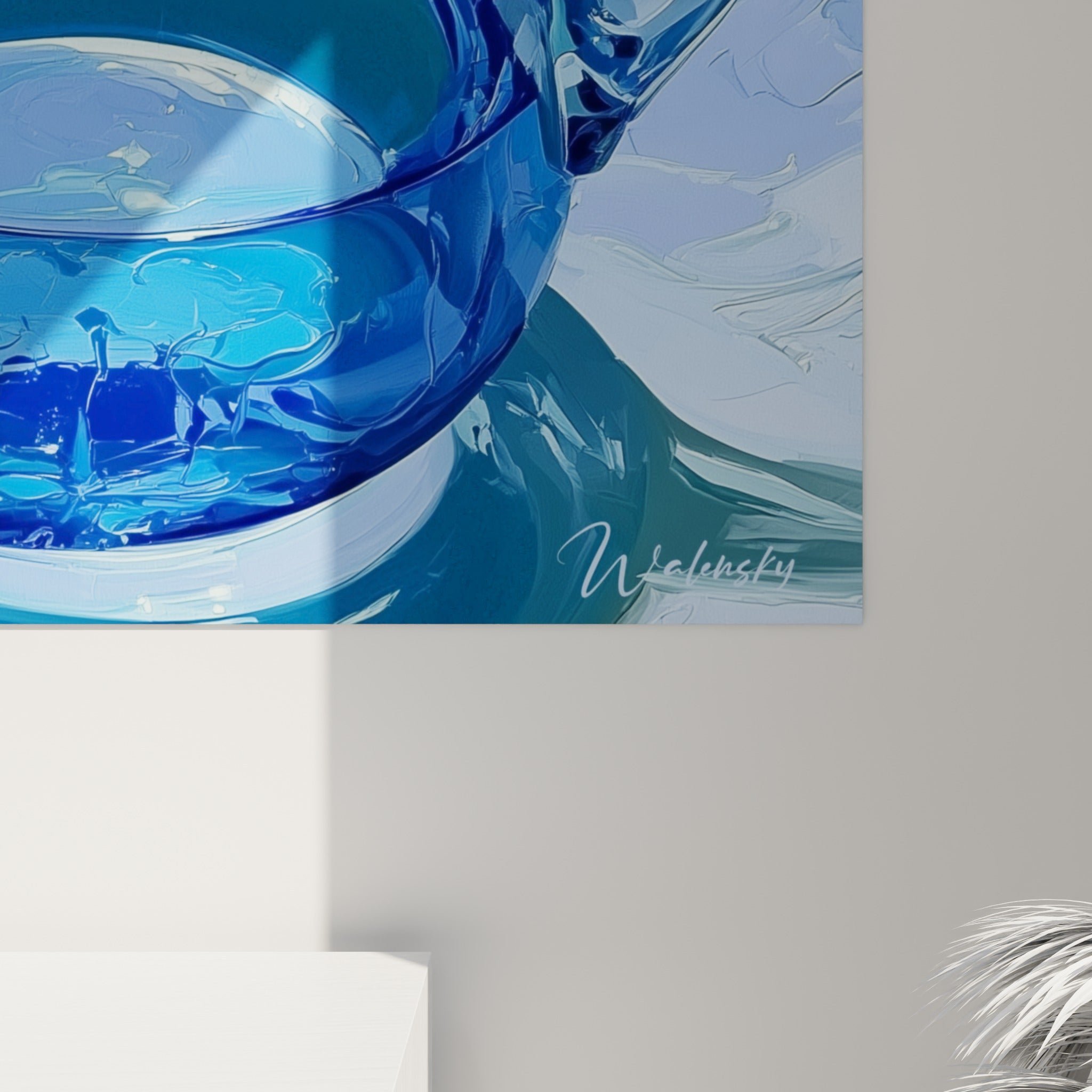 Empâtements épais sur la pulpe jaune du citron et reflets bleu azur du verre de la carafe
