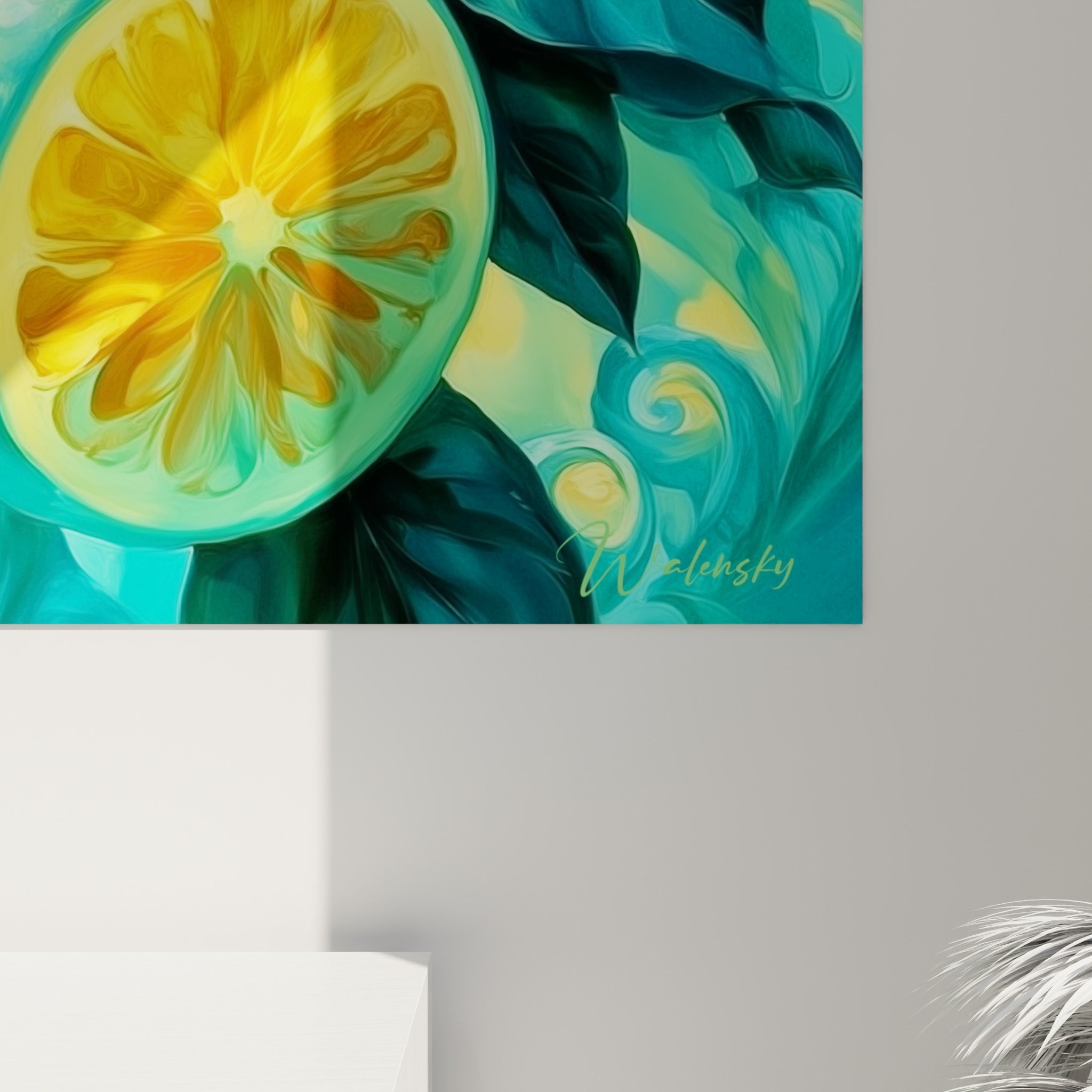 Détail des empâtements colorés turquoise et jaune vif sur la chair juteuse du citron peint