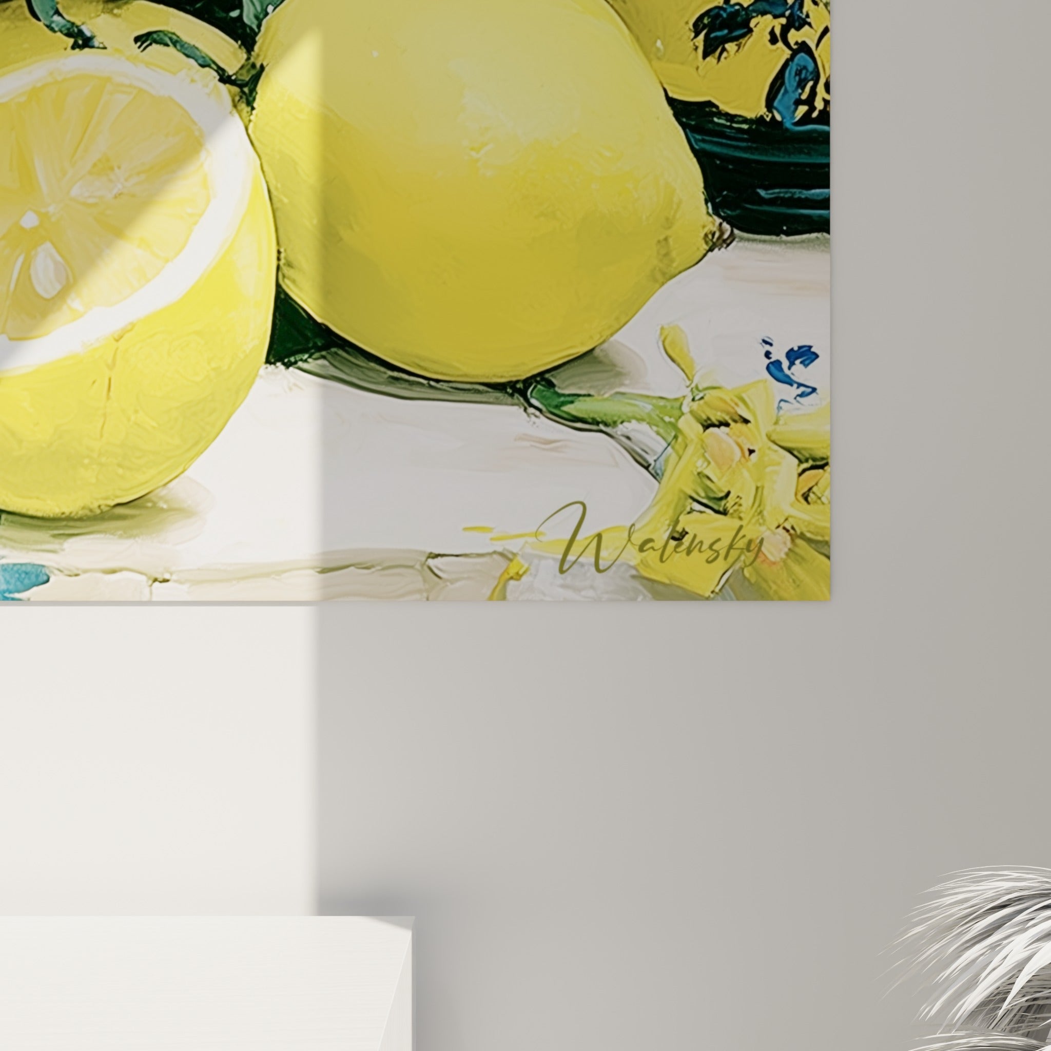 Empâtements jaunes et coulures vertes visibles sur la chair juteuse des citrons peints