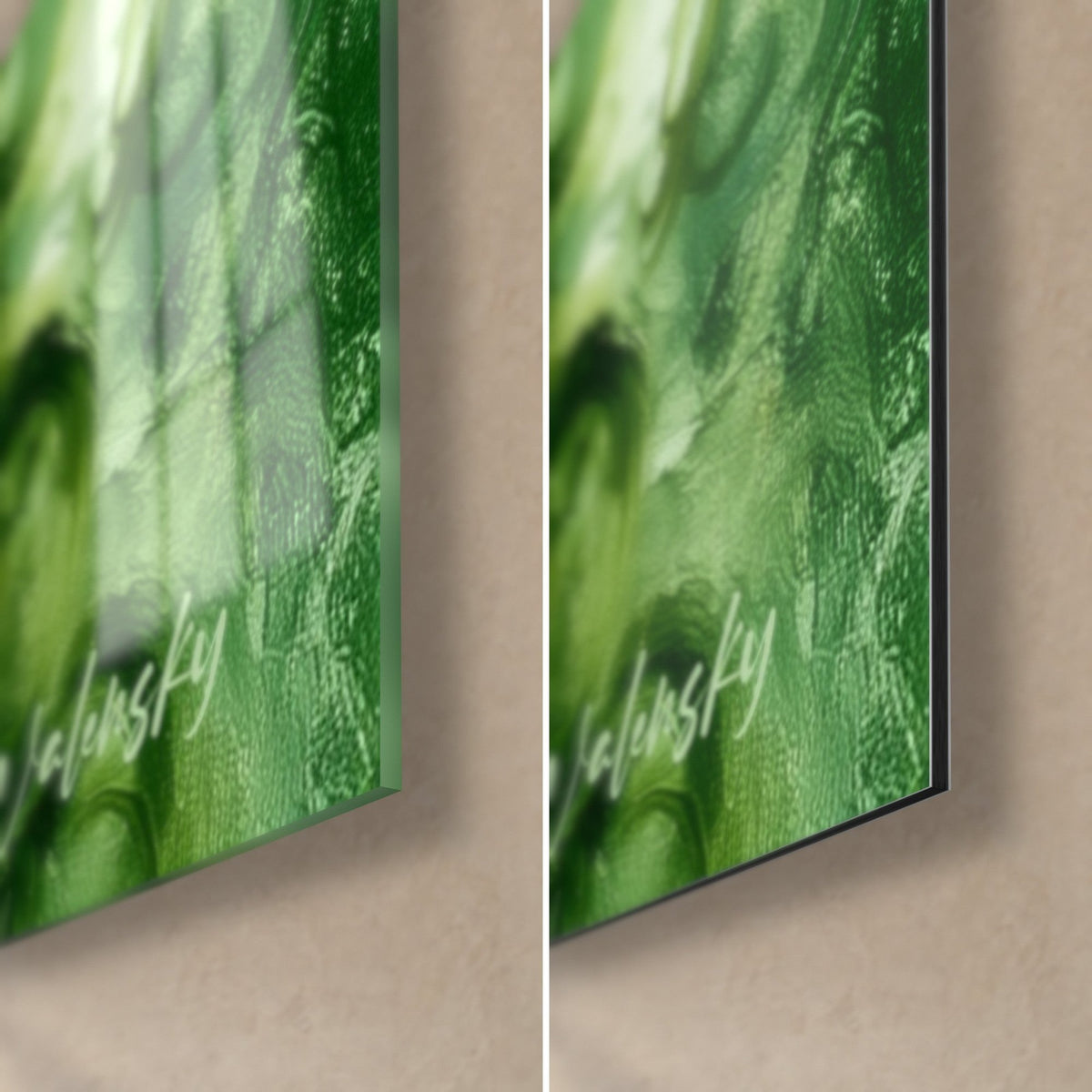 Quadro musa al limone, angolo in basso a destra: vetro acrilico lucido a sinistra, alluminio Dibond opaco a destra, verde profondo e firma bianca, bordo da 3 mm