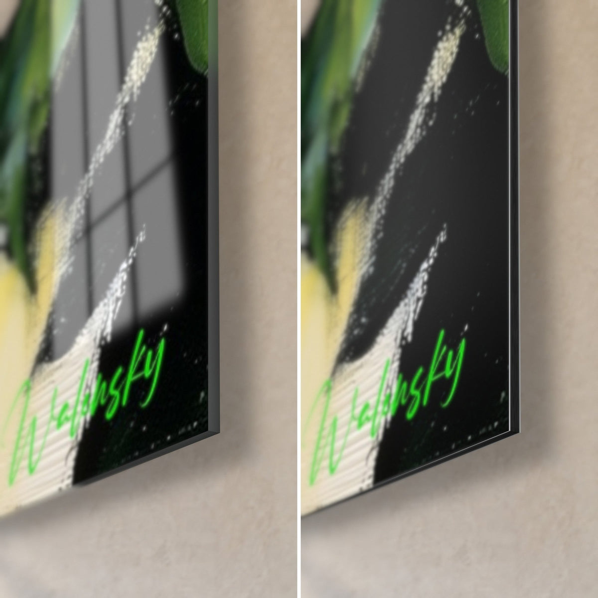 Tableau fruit jaune citron, coin bas droit : verre acrylique brillant et reflets à gauche, alu Dibond noir mat à droite, tranche de 3 mm
