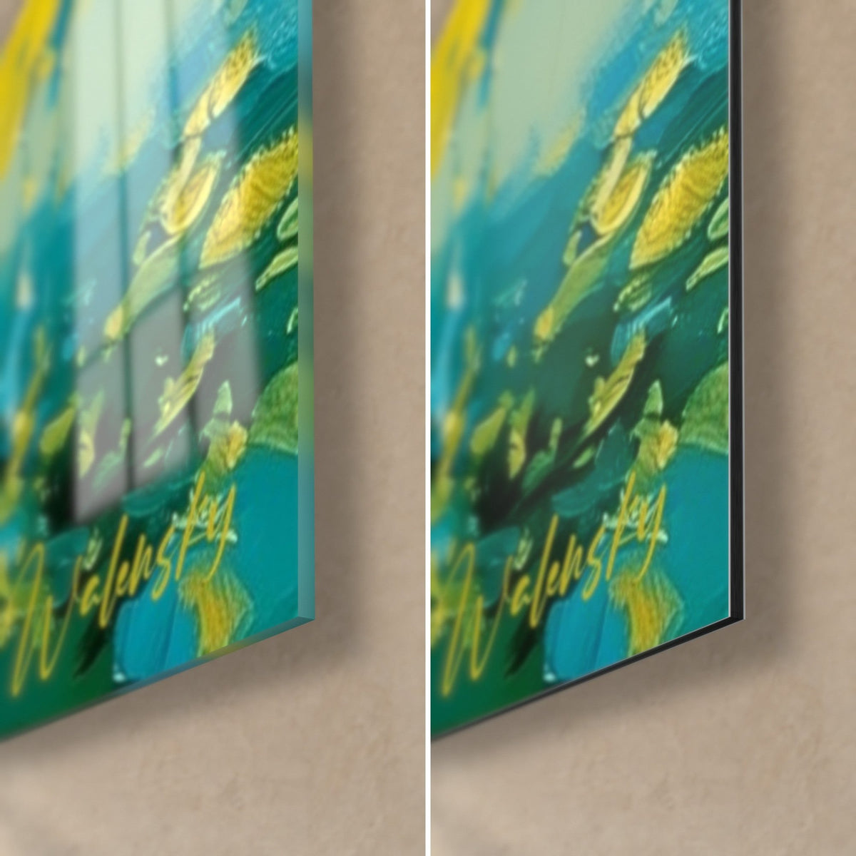 Cuadro limones dorados, esquina inferior derecha: cristal acrílico brillante con reflejos, aluminio Dibond mate, grosor de 3 mm, verde y amarillo