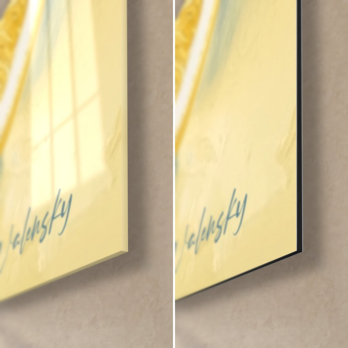 Tableau fruits jaunes peints à l'huile, coin bas droit : verre acrylique brillant à gauche, alu Dibond mat noir à droite, tranche 3 mm