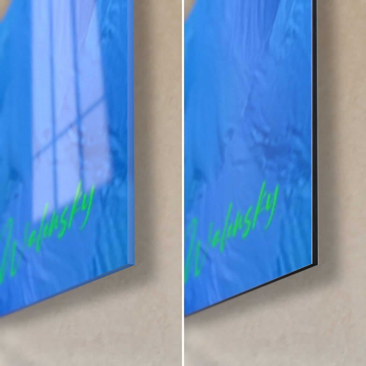 Tableau citrons jaunes et feuilles vertes sur fond bleu, coin bas droit : verre acrylique brillant à gauche, Dibond mat et tranche à droite