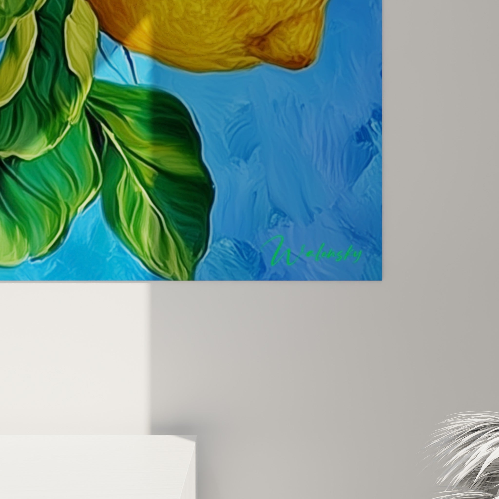 Empâtements jaunes texturés et coulures bleu azur visibles de près sur la toile du citronnier