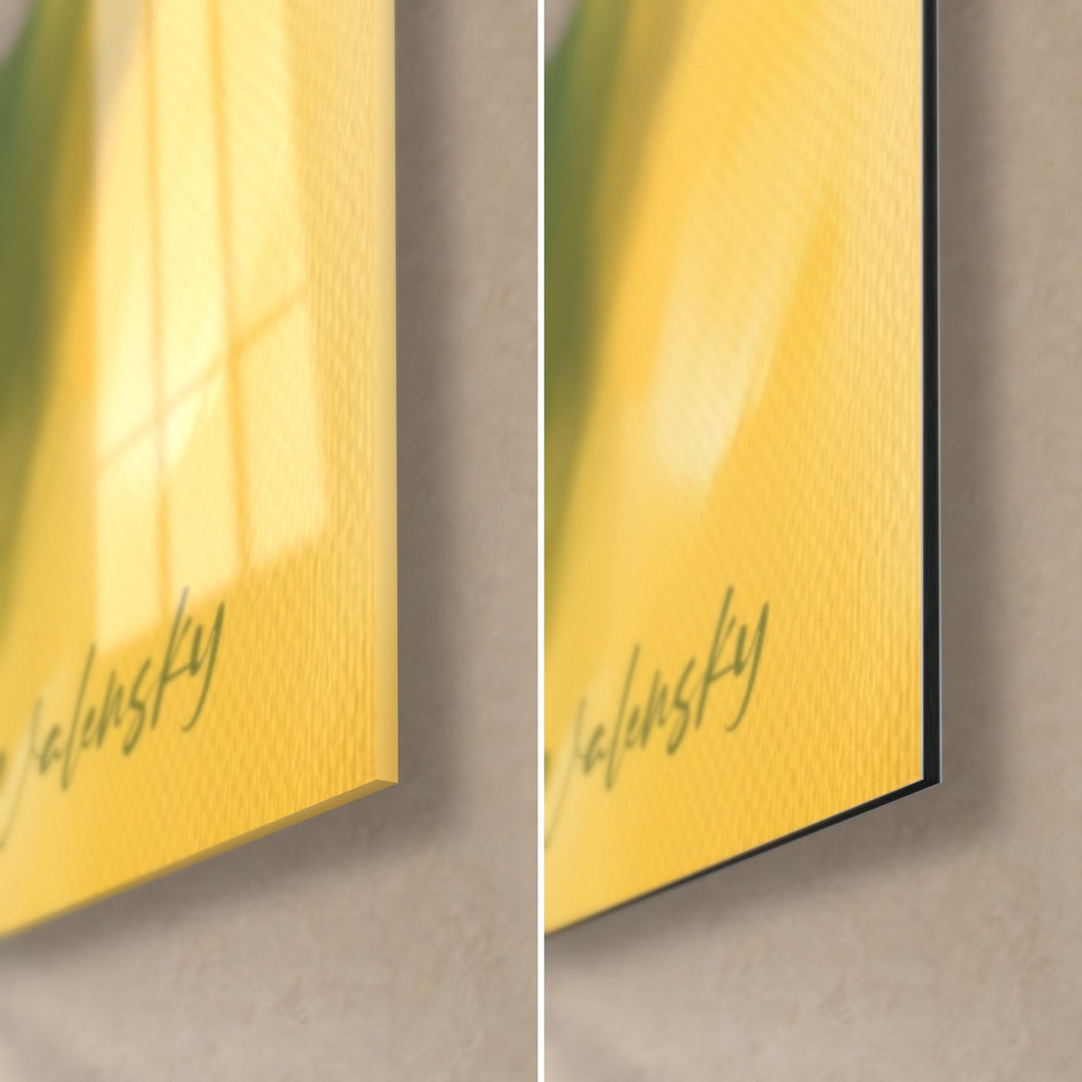 Tableau citrons peints à l'huile, coin bas droit signé Walensky : verre acrylique brillant jaune à gauche, alu Dibond mat à droite