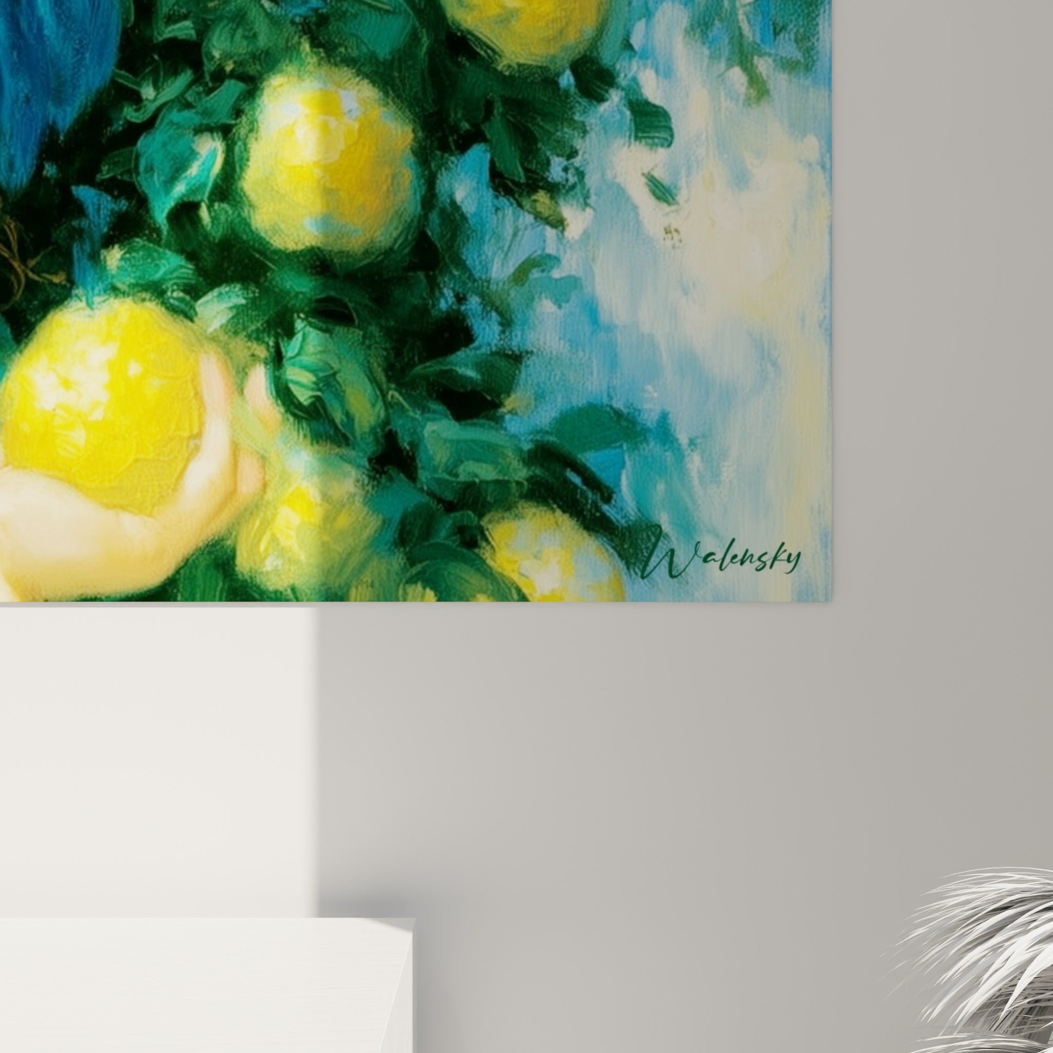 Détail des empâtements bleu turquoise et jaune doré révélant la texture picturale du feuillage et des citrons