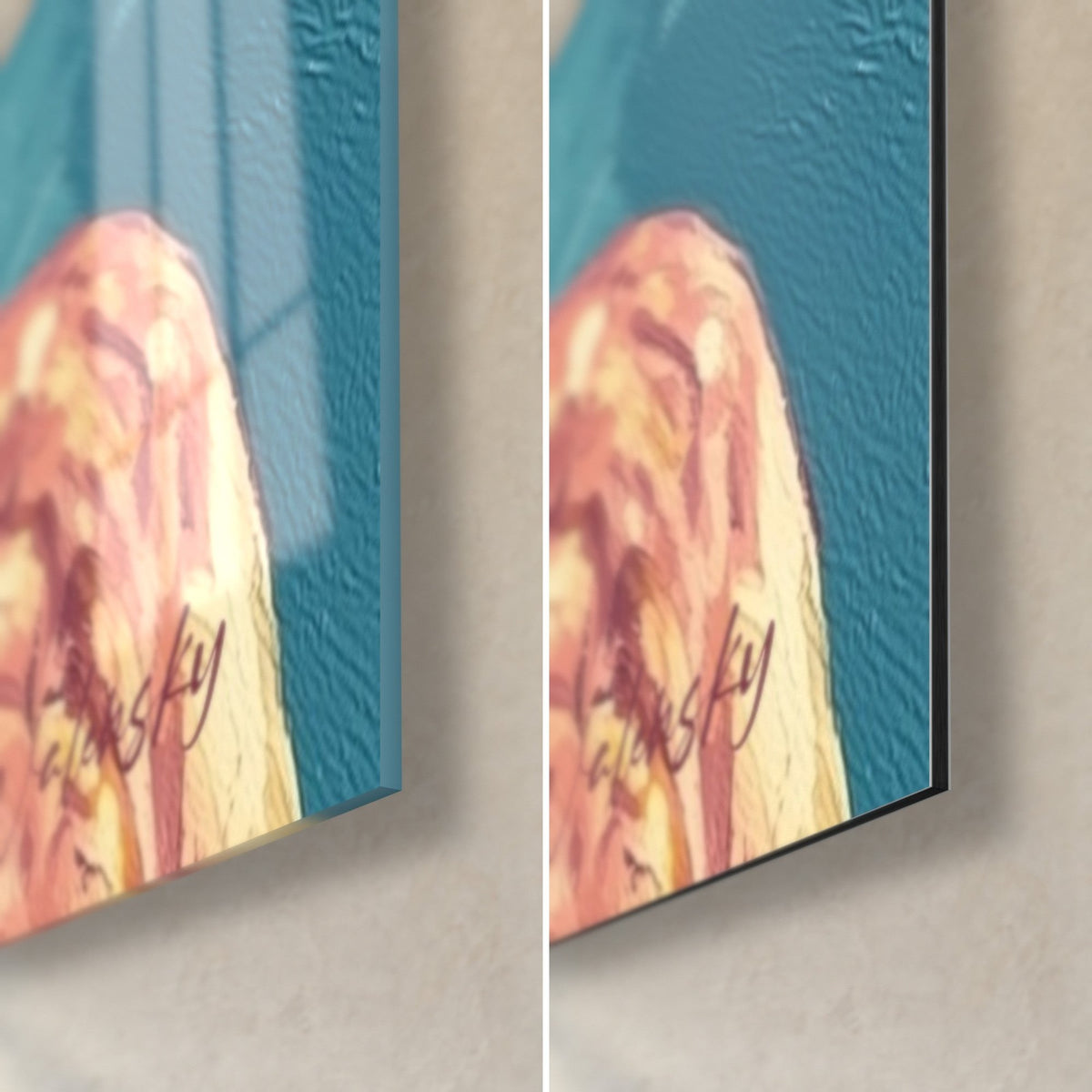 Gemälde Dame mit Zitronenbrille, untere rechte Ecke: glänzendes Acrylglas links, matt gebürstetes Dibond rechts, 3 mm Kante
