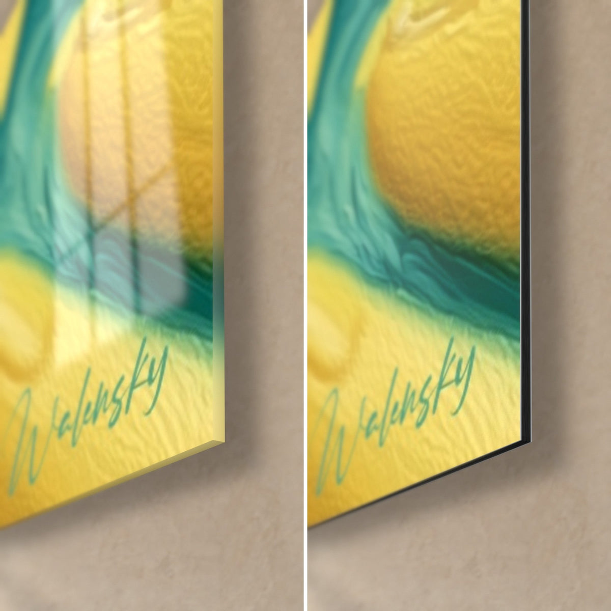 Tableau femme au chapeau de paille citron, coin bas droit : verre acrylique brillant à gauche, Dibond noir mat à droite, tranche de 3 mm