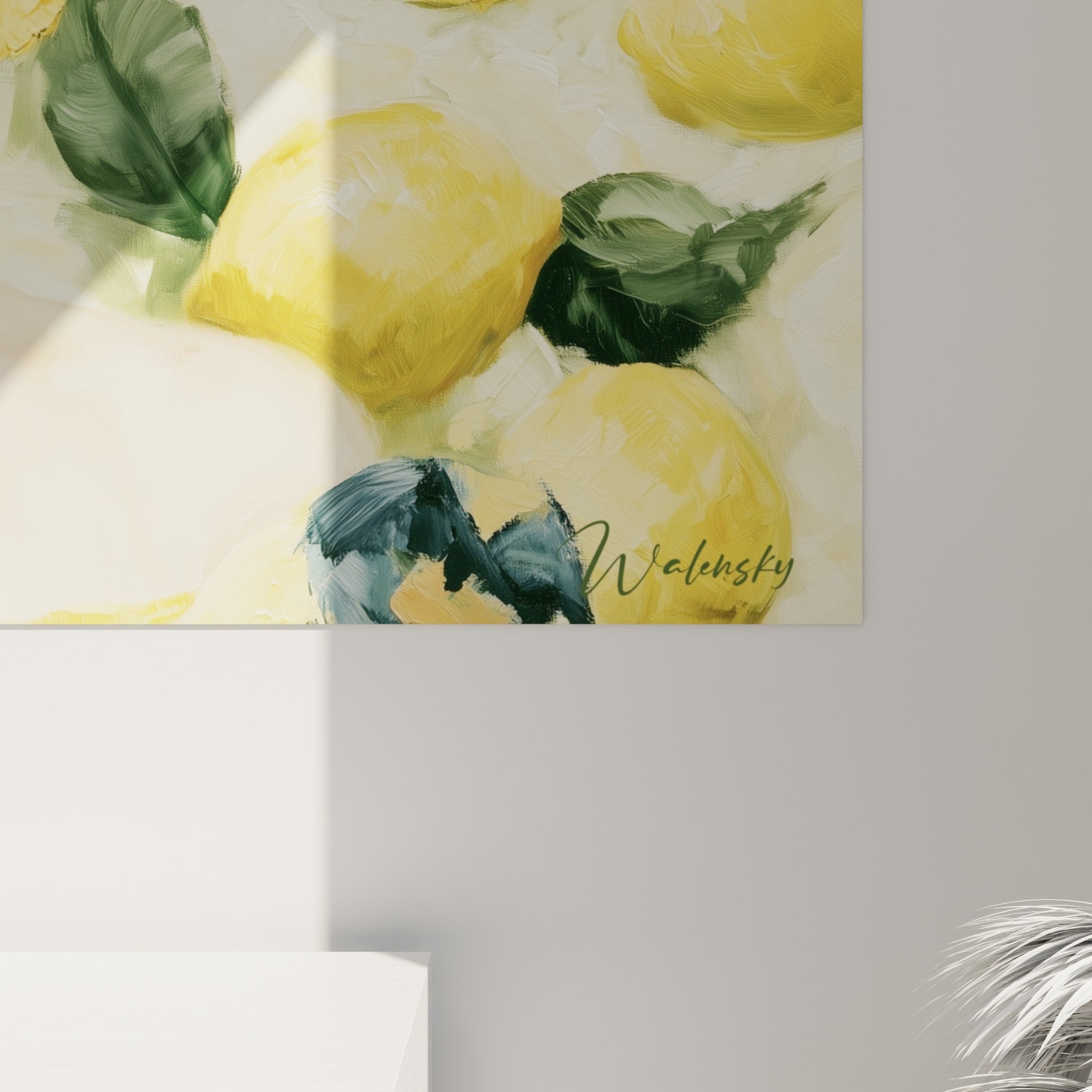 Empâtements épais de peinture jaune citron et vert sauge, coulures et grain visibles sur la toile