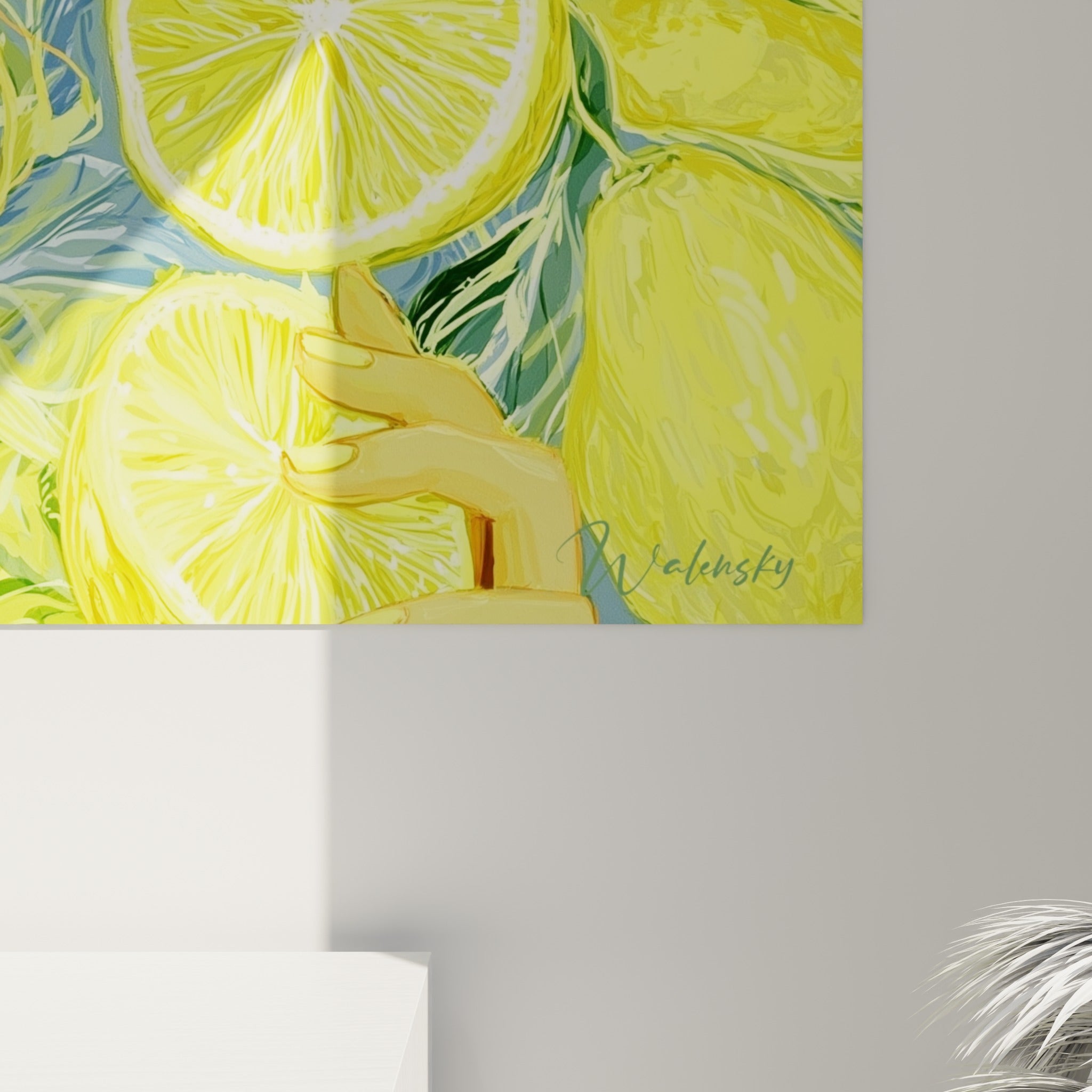 Coulures jaune citron et vert olive sur toile, grain fin révélant les nuances ocre et corail du visage
