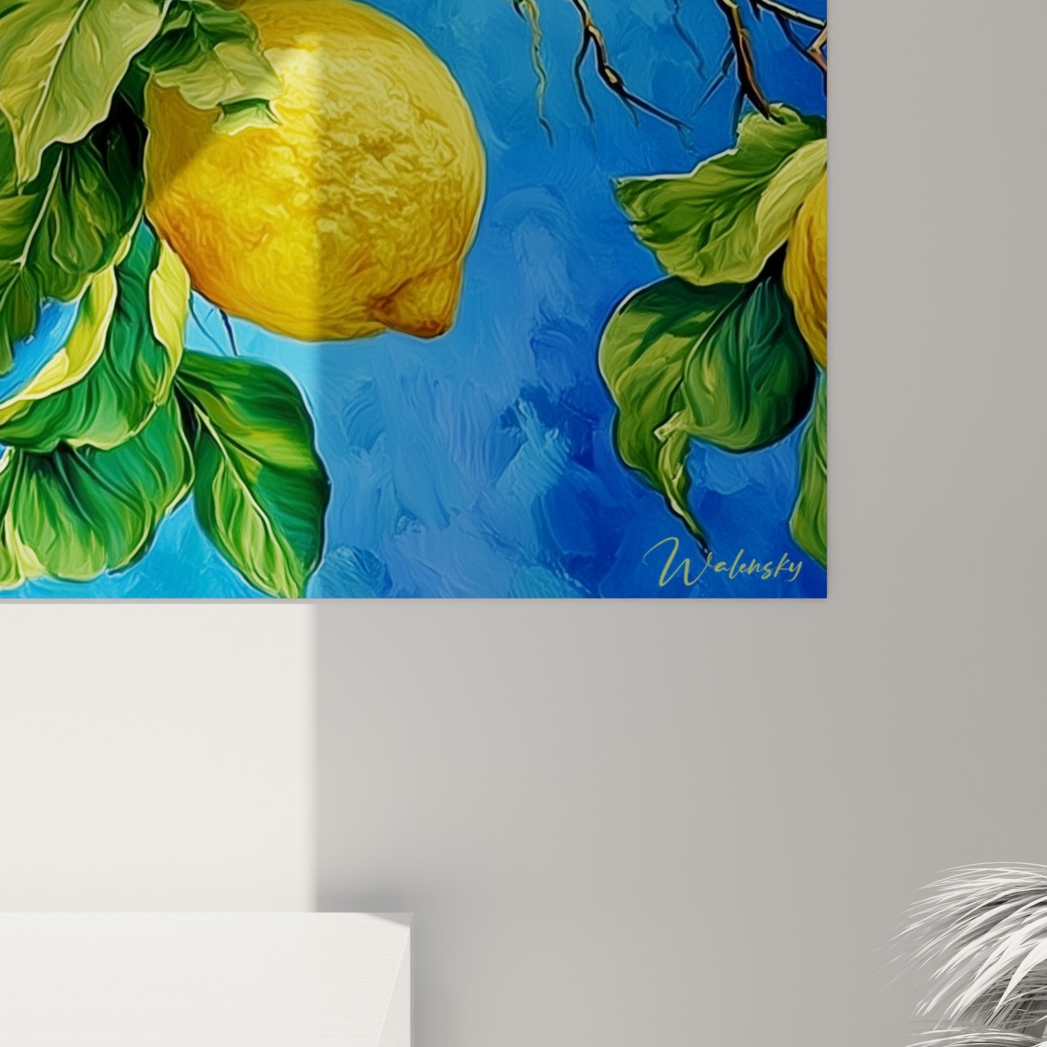 Grain de peinture visible sur les citrons jaunes texturés et le feuillage vert détaillé