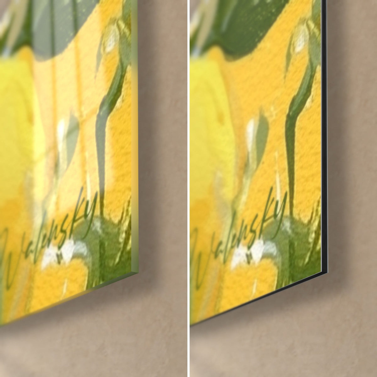 Tableau citrons jaune vif et feuilles vert sapin, coin bas droit en verre acrylique brillant et alu Dibond mat, tranche de 3 mm
