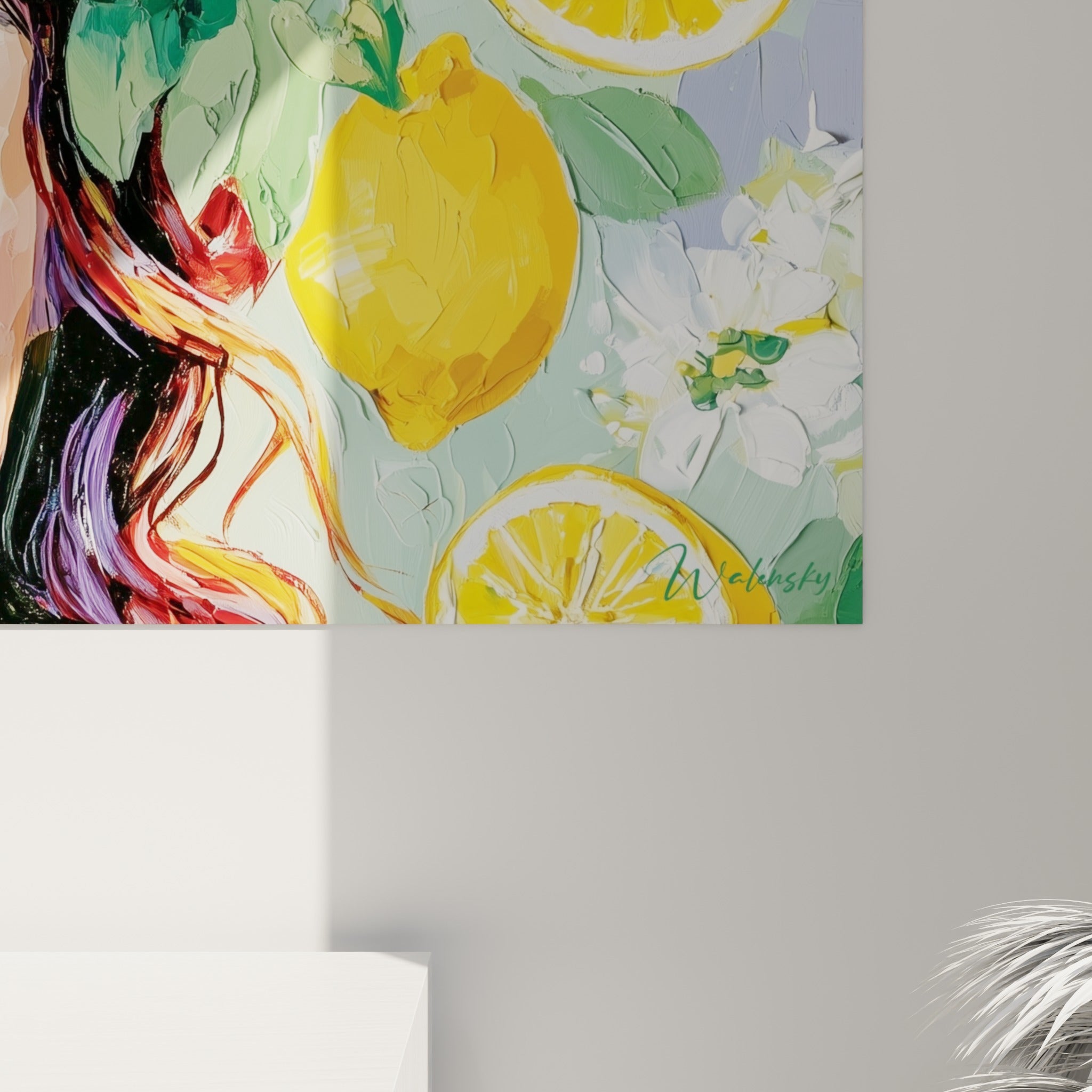 Empâtements colorés jaune et rouge sur le visage, coulures de peinture visibles dans la matière texturée