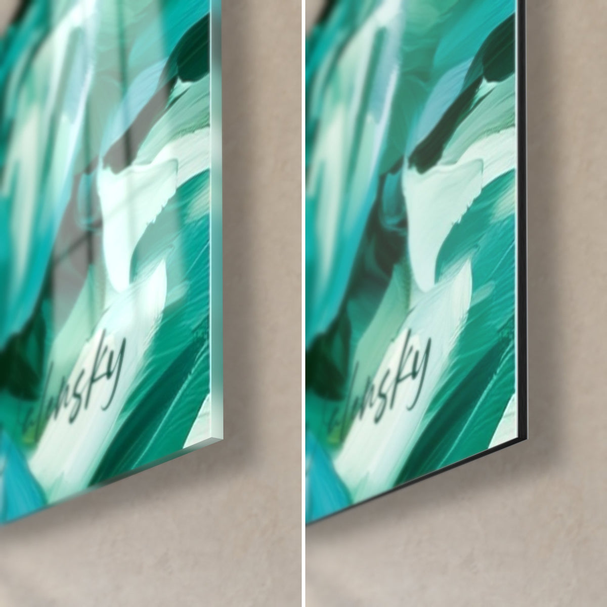 Tableau citrons peints à l'huile, coin bas droit : signature blanche sur turquoise, verre brillant et Dibond noir mat