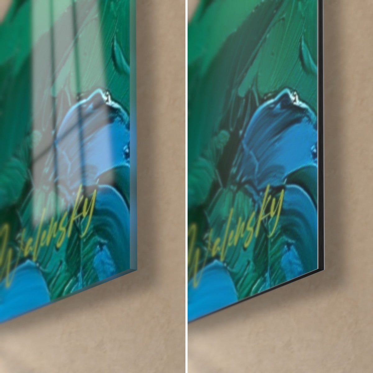 Tableau citronnier en peinture épaisse turquoise et vert, coin bas droit, verre brillant et Dibond mat, tranche de 3 mm visible