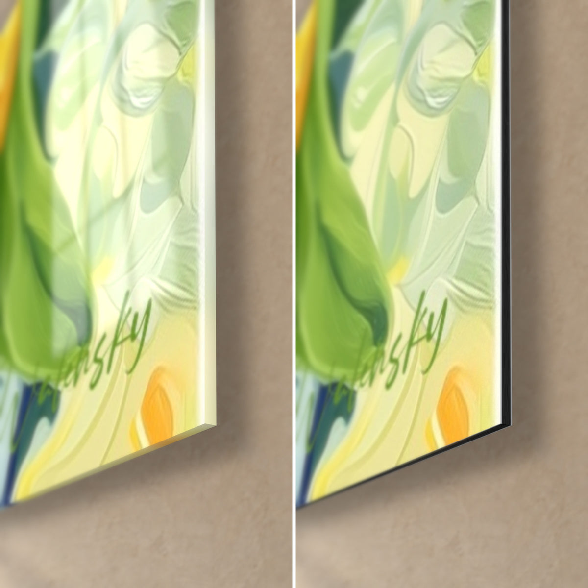 Wall art of a lemon with soft green leaves, bottom right corner: glossy acrylic glass on the left, matte black Dibond aluminium on the right, 3 mm thick