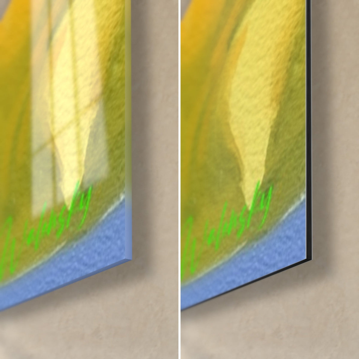 Tableau fruits jaunes sur bleu ciel, coin bas droit : verre acrylique brillant à gauche, Dibond noir mat à droite
