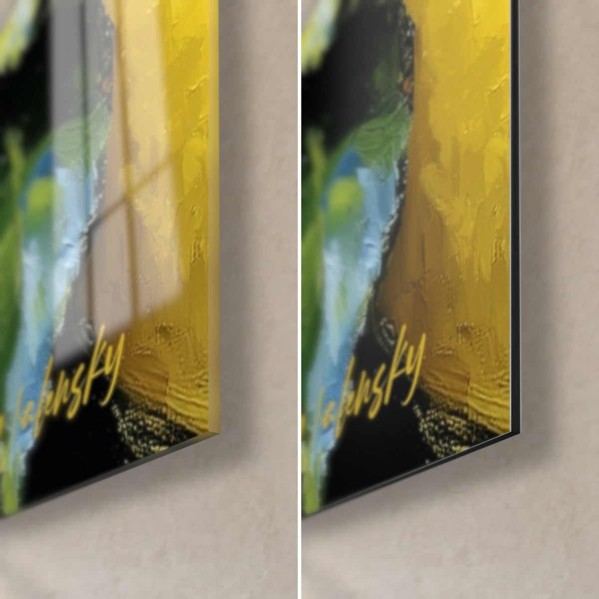 Tableau citron peint, coin bas droit : verre acrylique brillant à reflets et Dibond noir mat, signature dorée, tranche de 3 mm