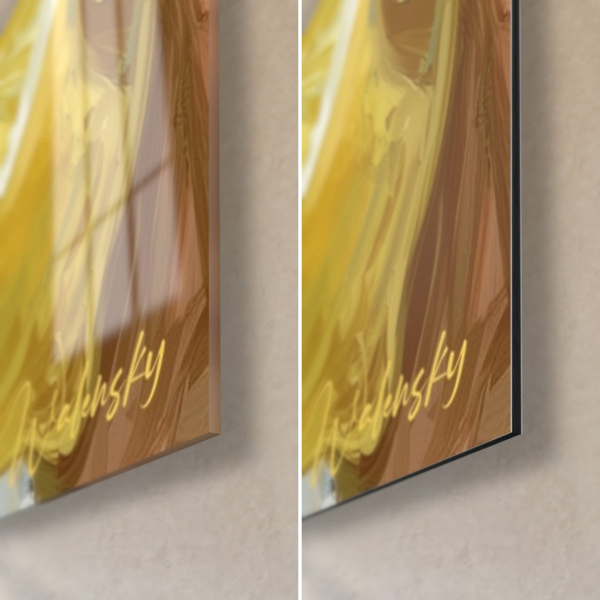 Tableau portrait au citron, coin bas droit : verre acrylique brillant à gauche, alu Dibond mat à droite, signature jaune dorée