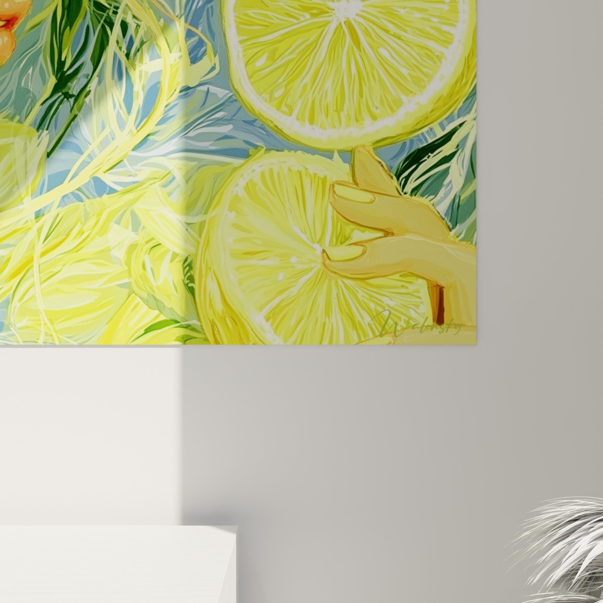 Grain de peinture visible sur les rondelles jaunes et le feuillage vert olive du tableau citron