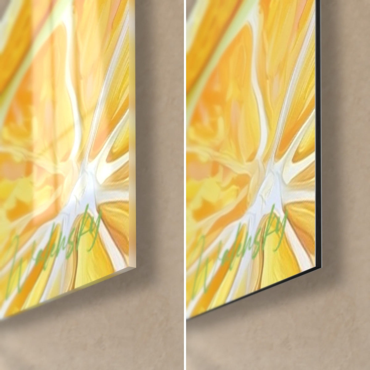 Tableau demi-citron aux quartiers orangés et jaune vif, coin bas droit en verre acrylique brillant et alu Dibond noir mat, tranche de 3 mm