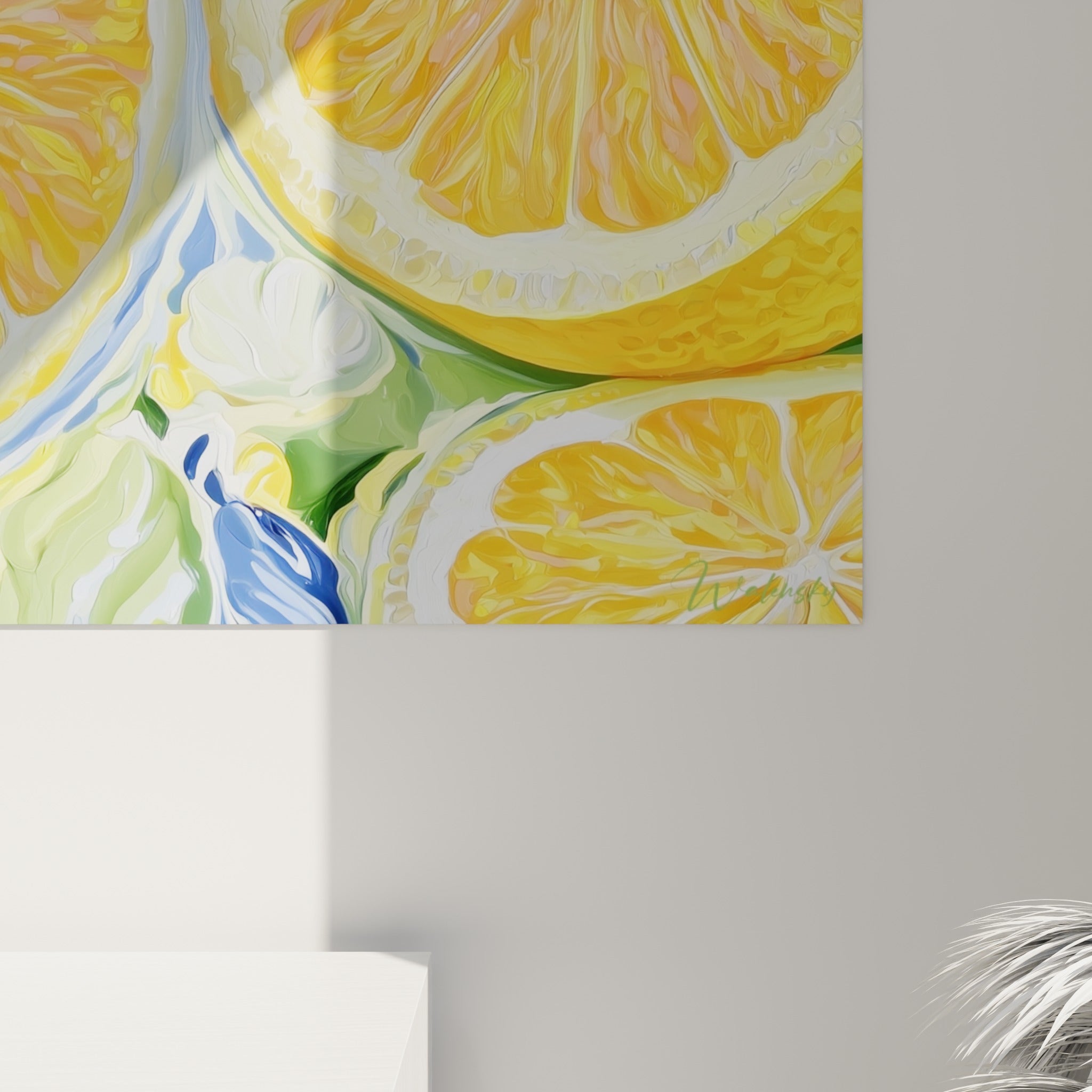 Empâtements épais de peinture jaune et orangée, coulures de blanc nacré sur la chair du citron