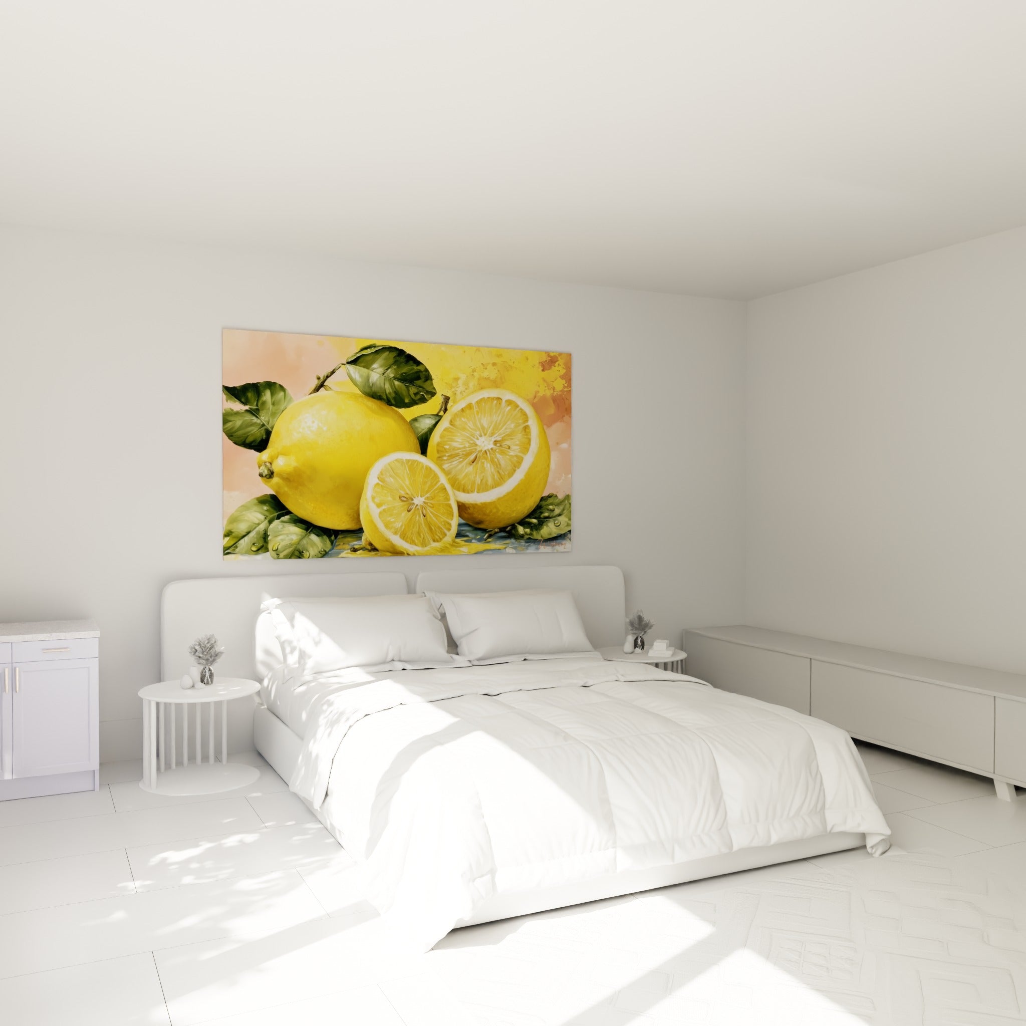 Citrons jaunes juteux et feuillage vert accrochés au-dessus d'un lit dans une chambre claire