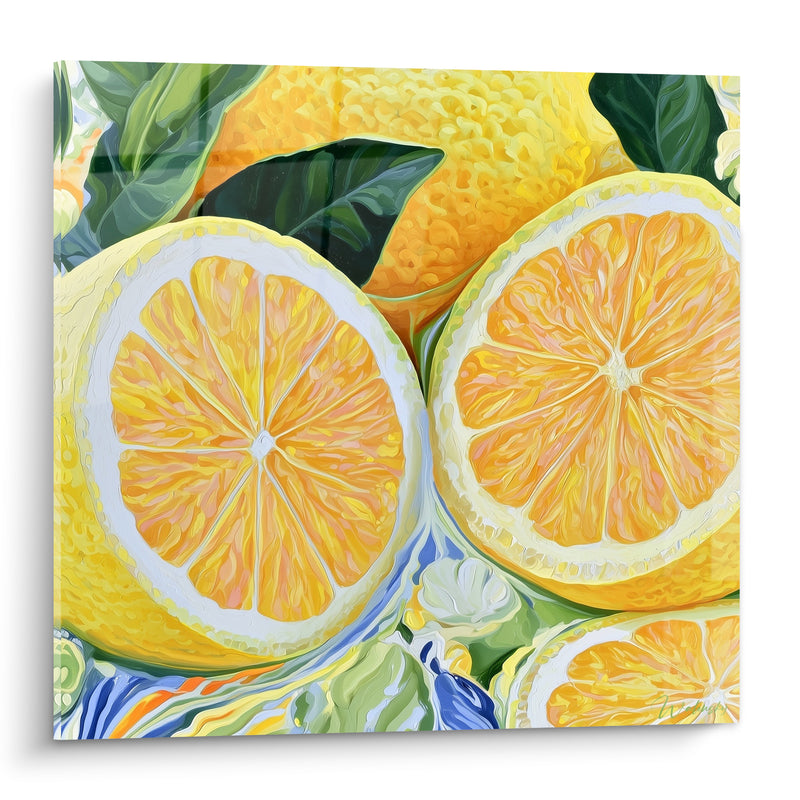Tableau Tranches de citron orange et vert grand plan - Feuilles émeraude épaisses - Edition Citron