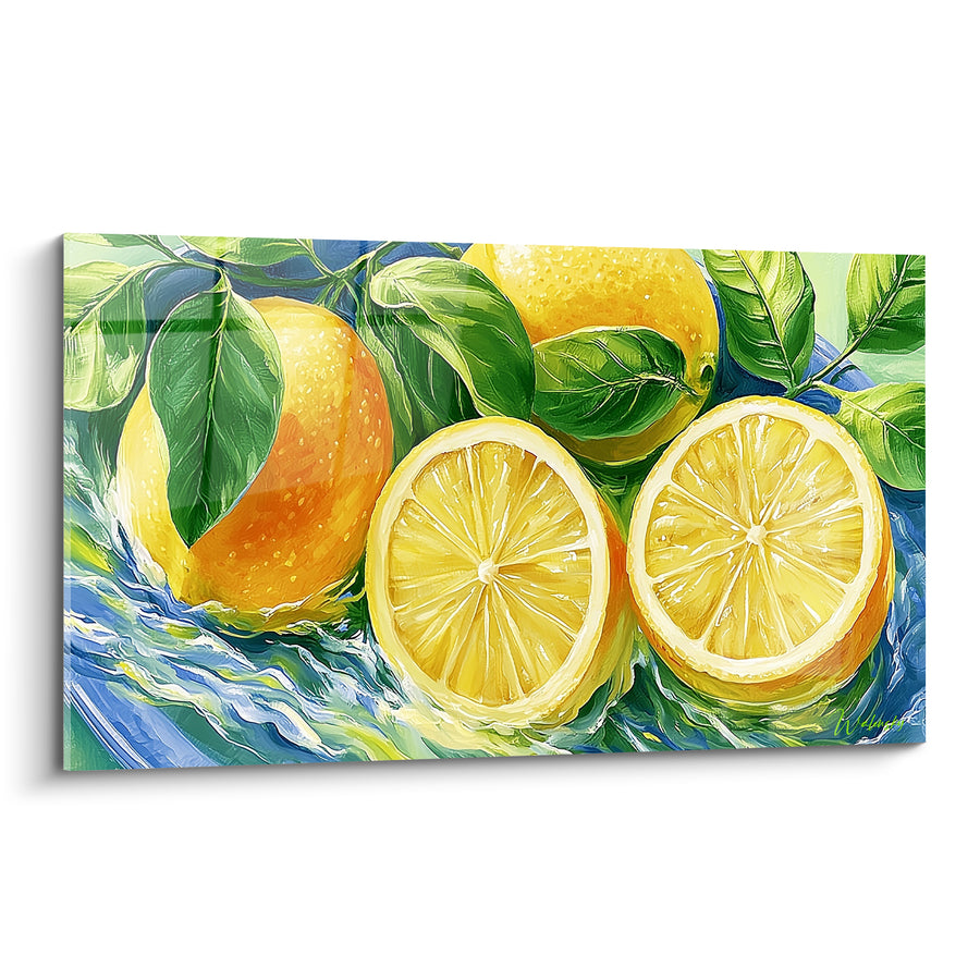 Tableau Citrons entiers et tranchés éclaboussés d'eau - Éclaboussure vitaminée - Edition Citron