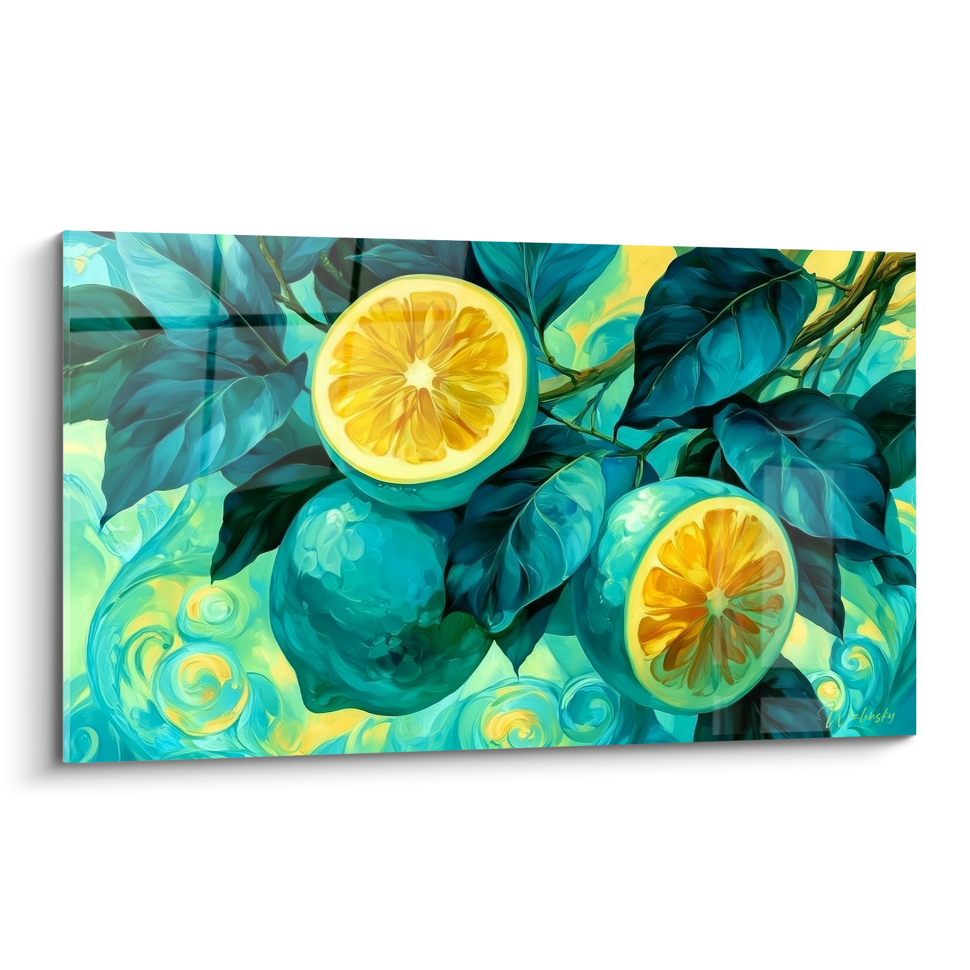Citron tranché turquoise et doré, feuillage bleu nuit, composition en tourbillons peints