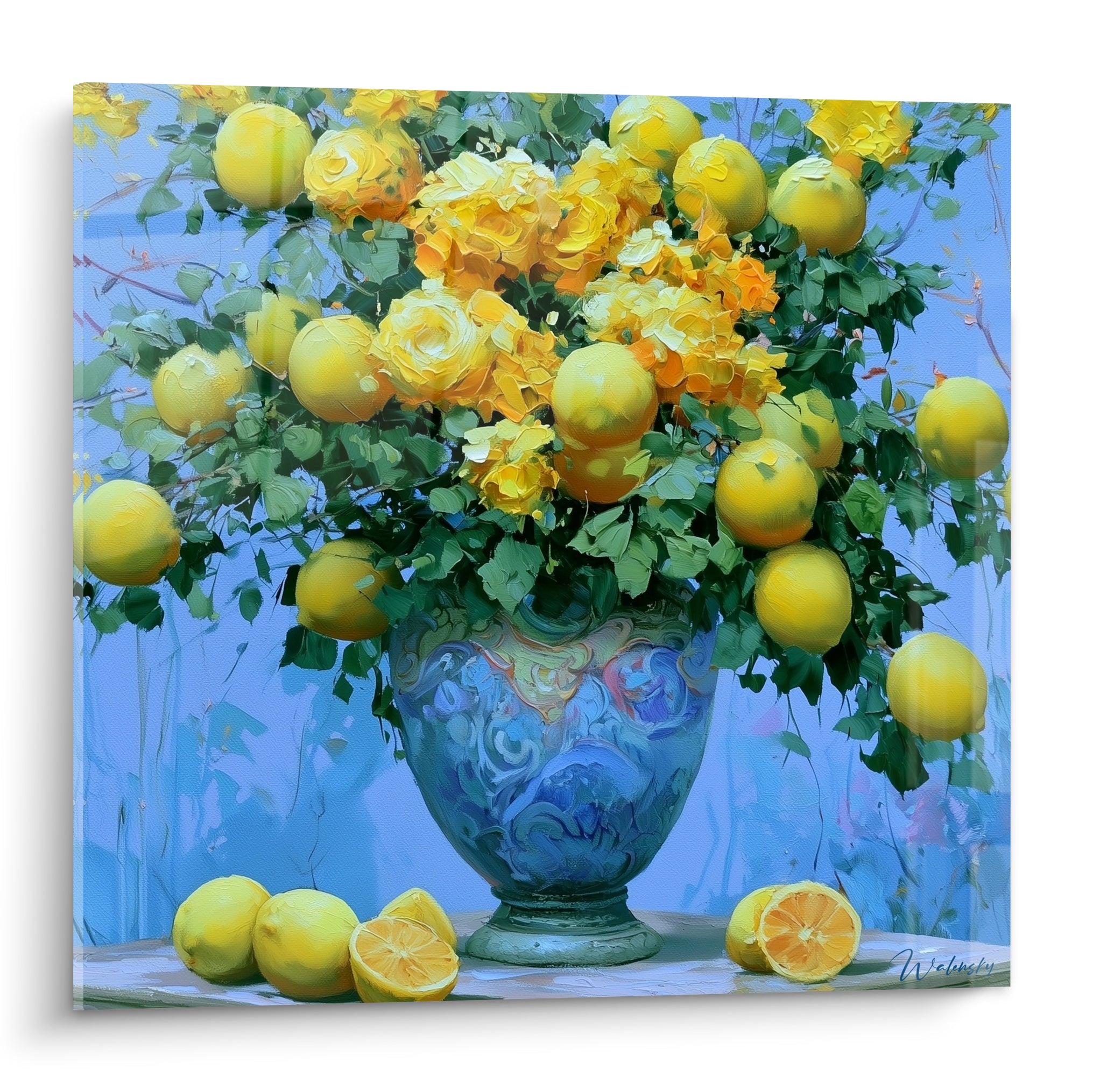 Citron doré et vase bleu peints à larges touches sur fond azur lumineux