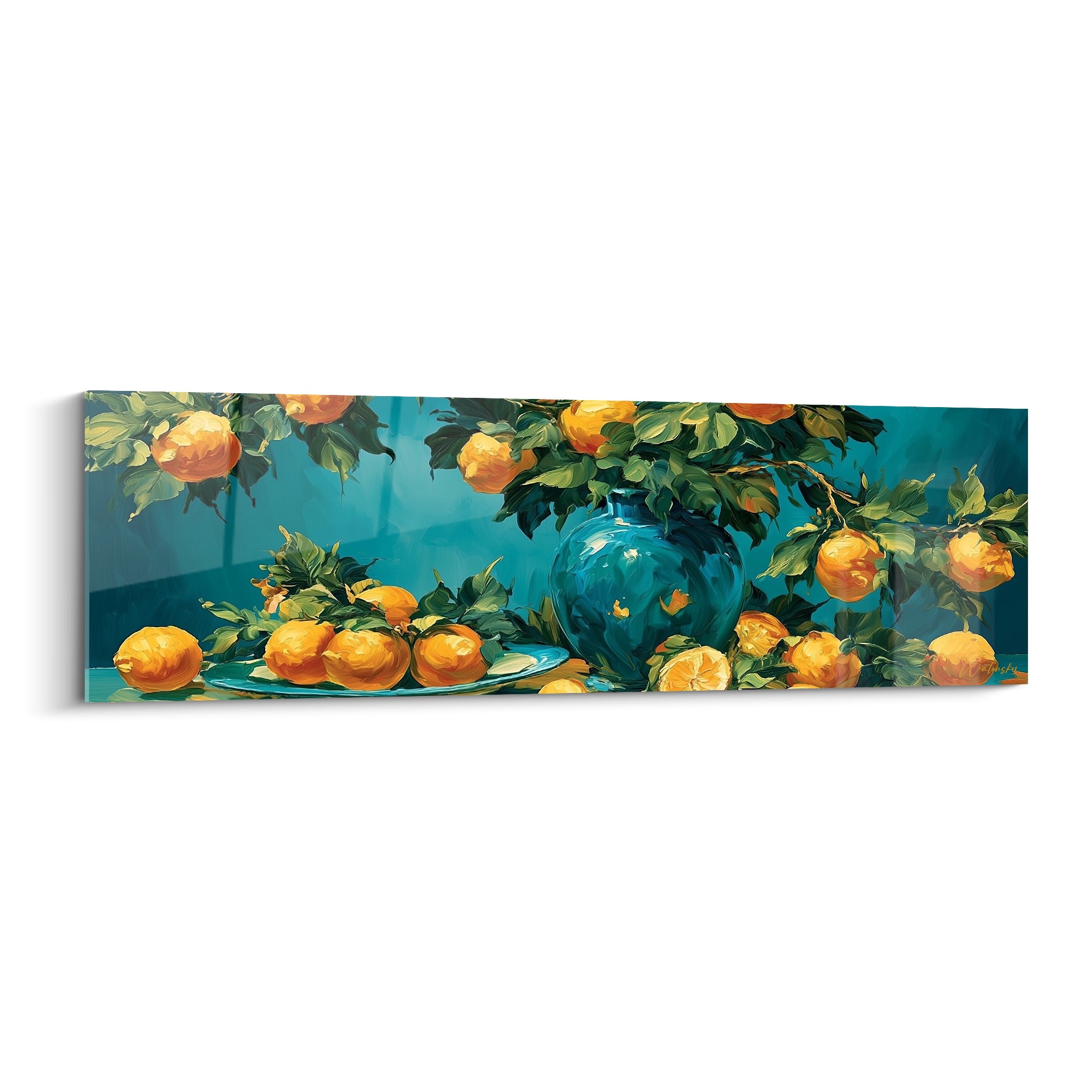 Citrons dorés et vase bleu émeraude peints sur fond bleu sarcelle profond, style impressionniste