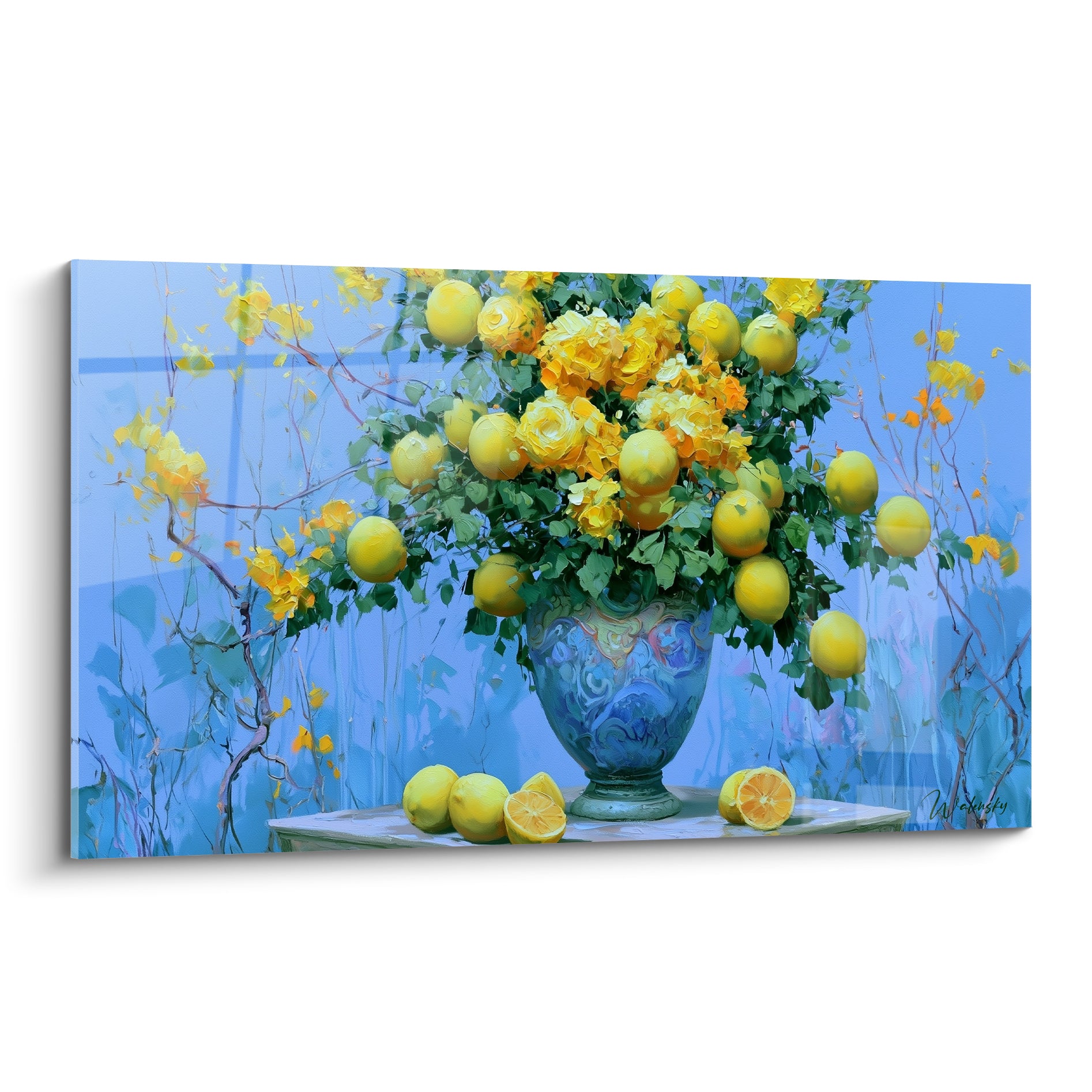 Vase bleu débordant de citrons jaunes et roses dorées, peinture texturée sur fond bleu pastel
