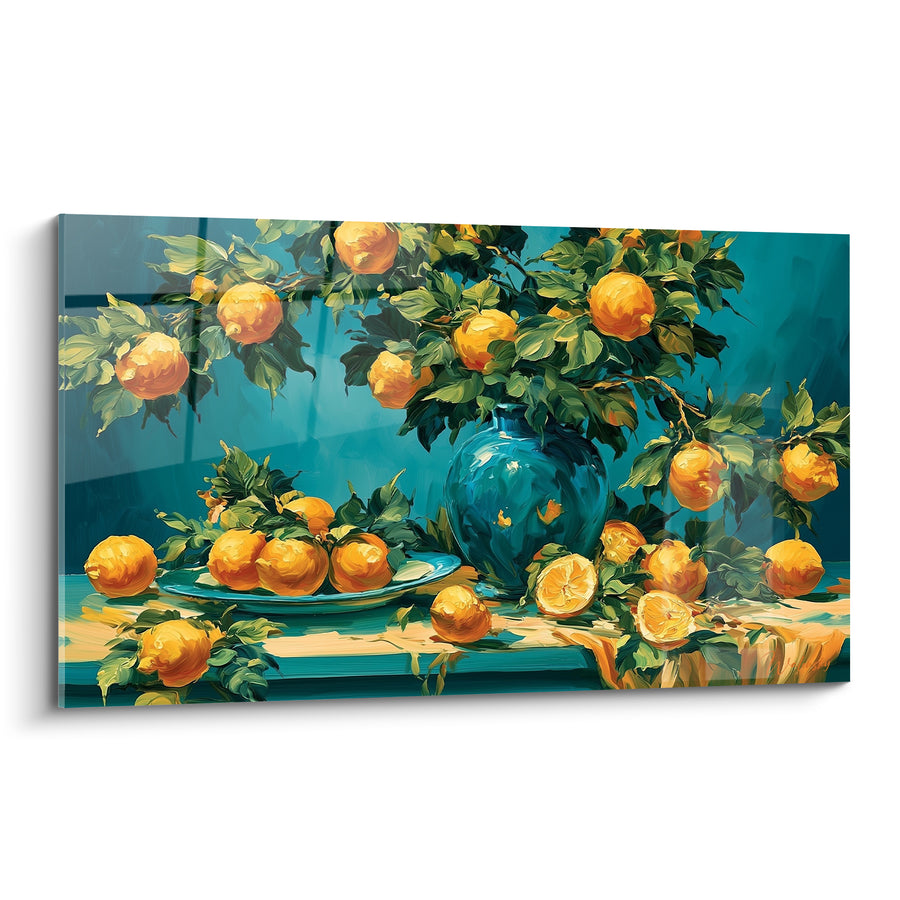 Tableau Vase orange et bleu débordant de branches - Assiette et nappe dorée - Edition Citron