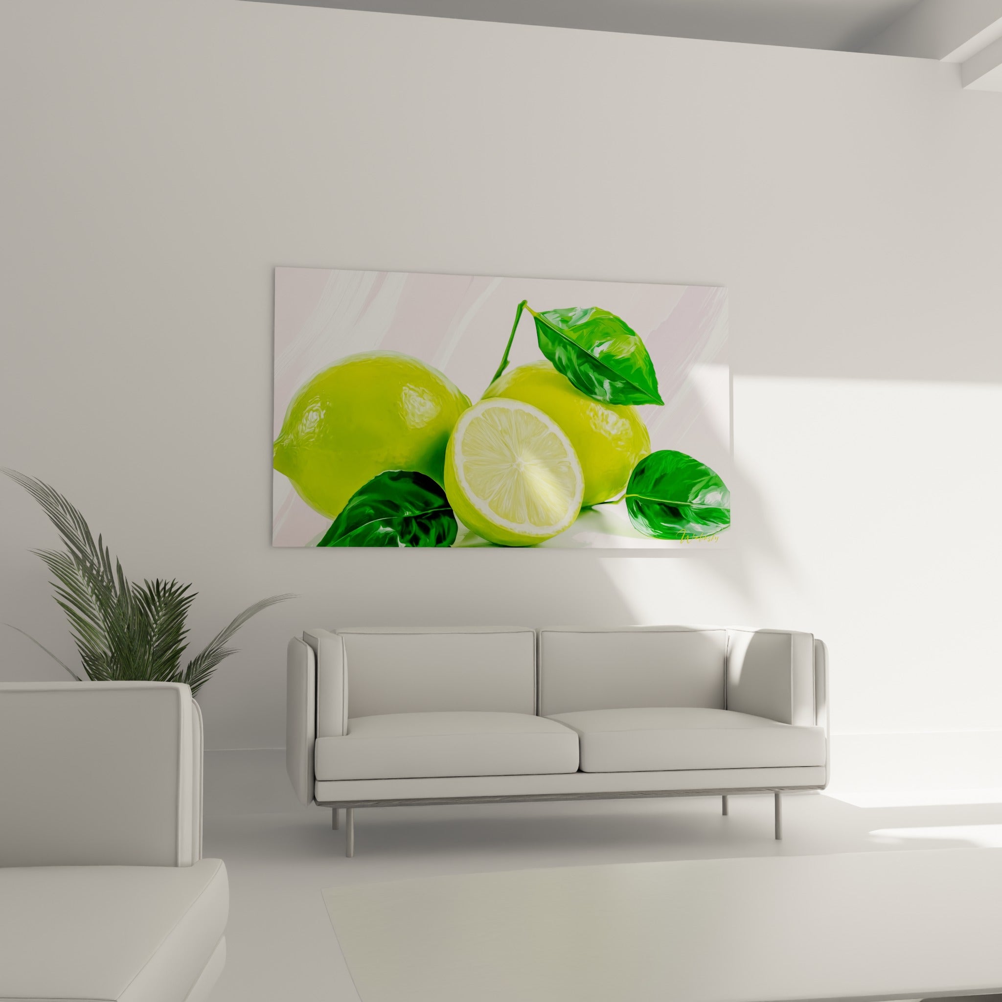 Composition de citrons verts et feuilles luisantes au-dessus d'un canapé dans un salon lumineux