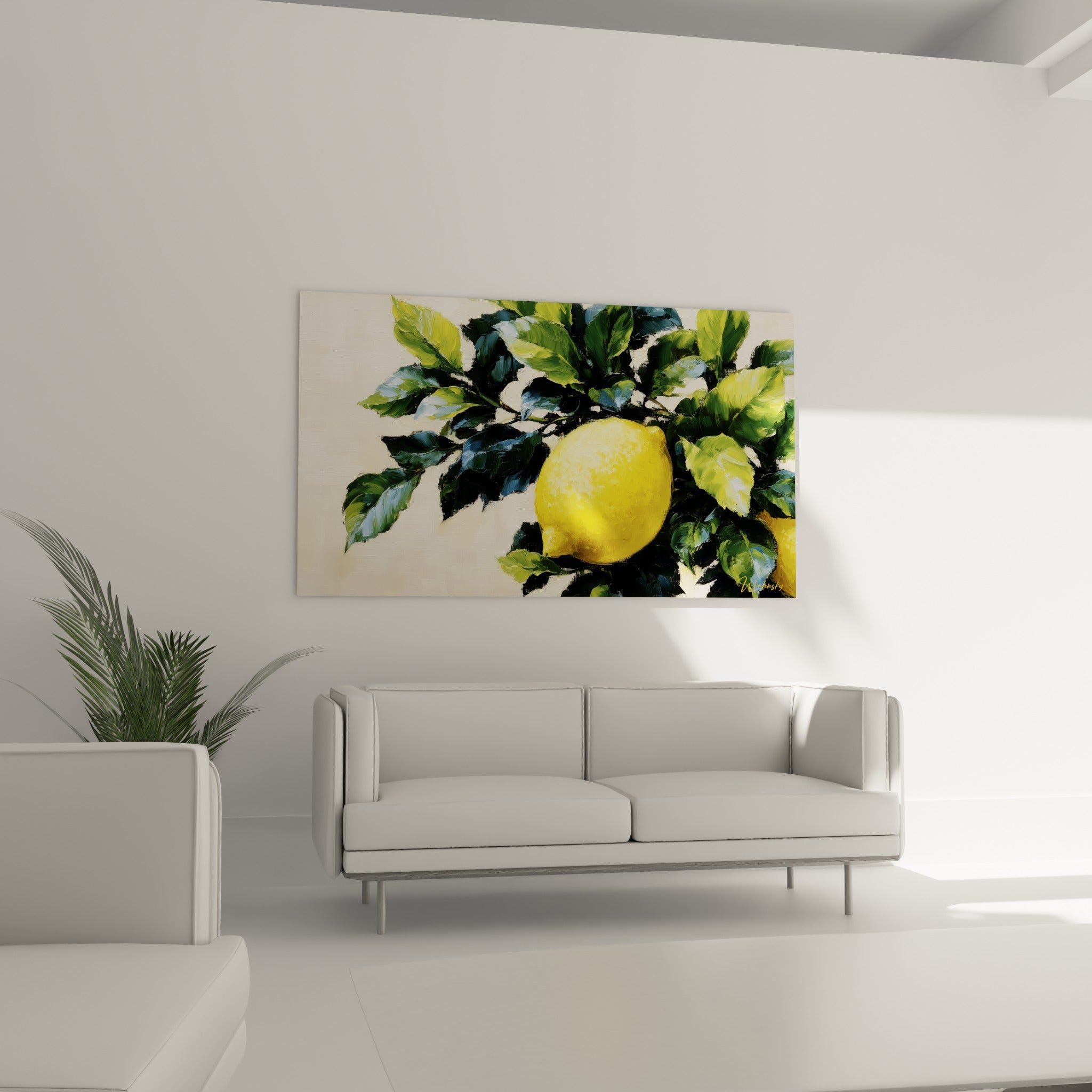 Branche chargée d'un citron jaune et de feuilles vertes au-dessus d'un canapé dans un salon lumineux