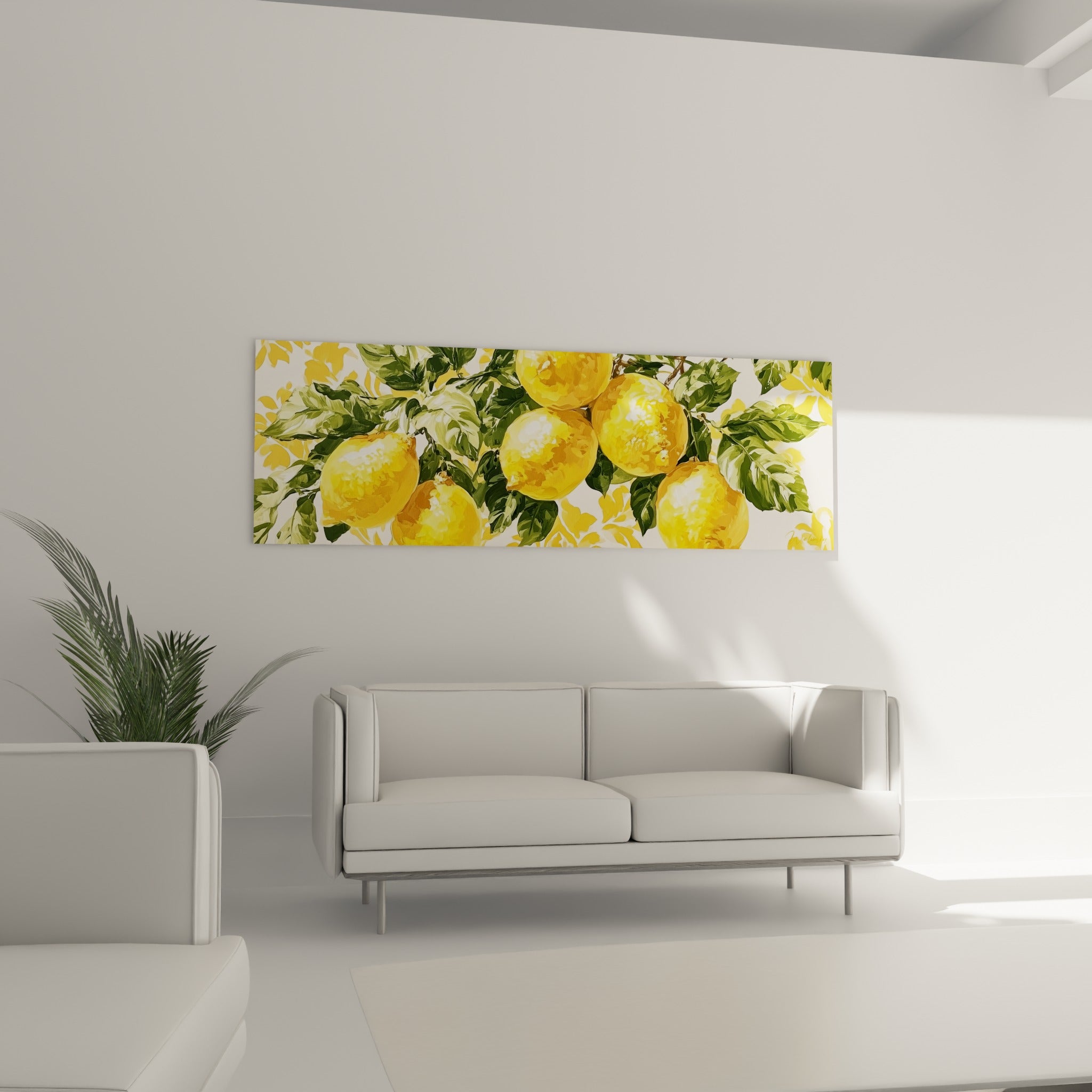 Grappe de citrons dorés et feuillage olive suspendue au-dessus d'un canapé dans un salon lumineux