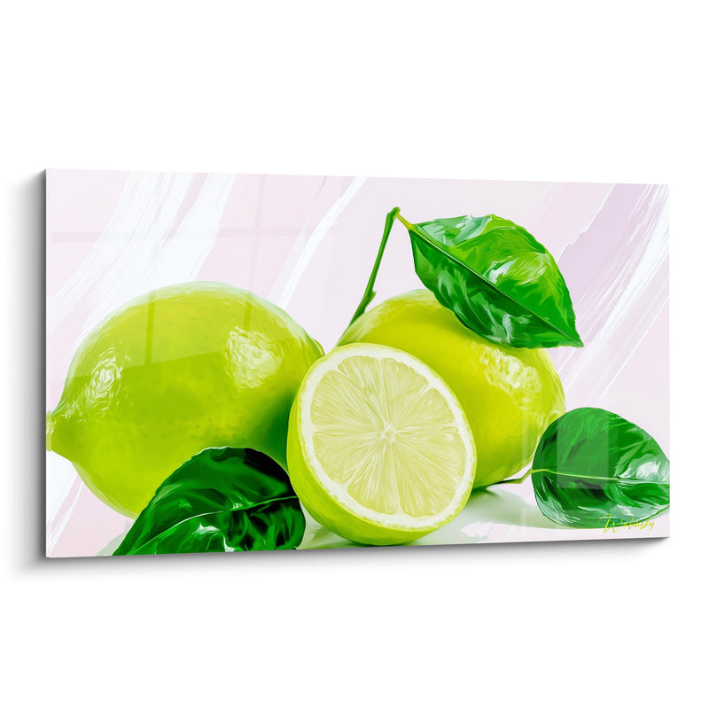 Tableau Citrons verts et blancs sur fond rosé - Chair juteuse tranchée - Edition Citron