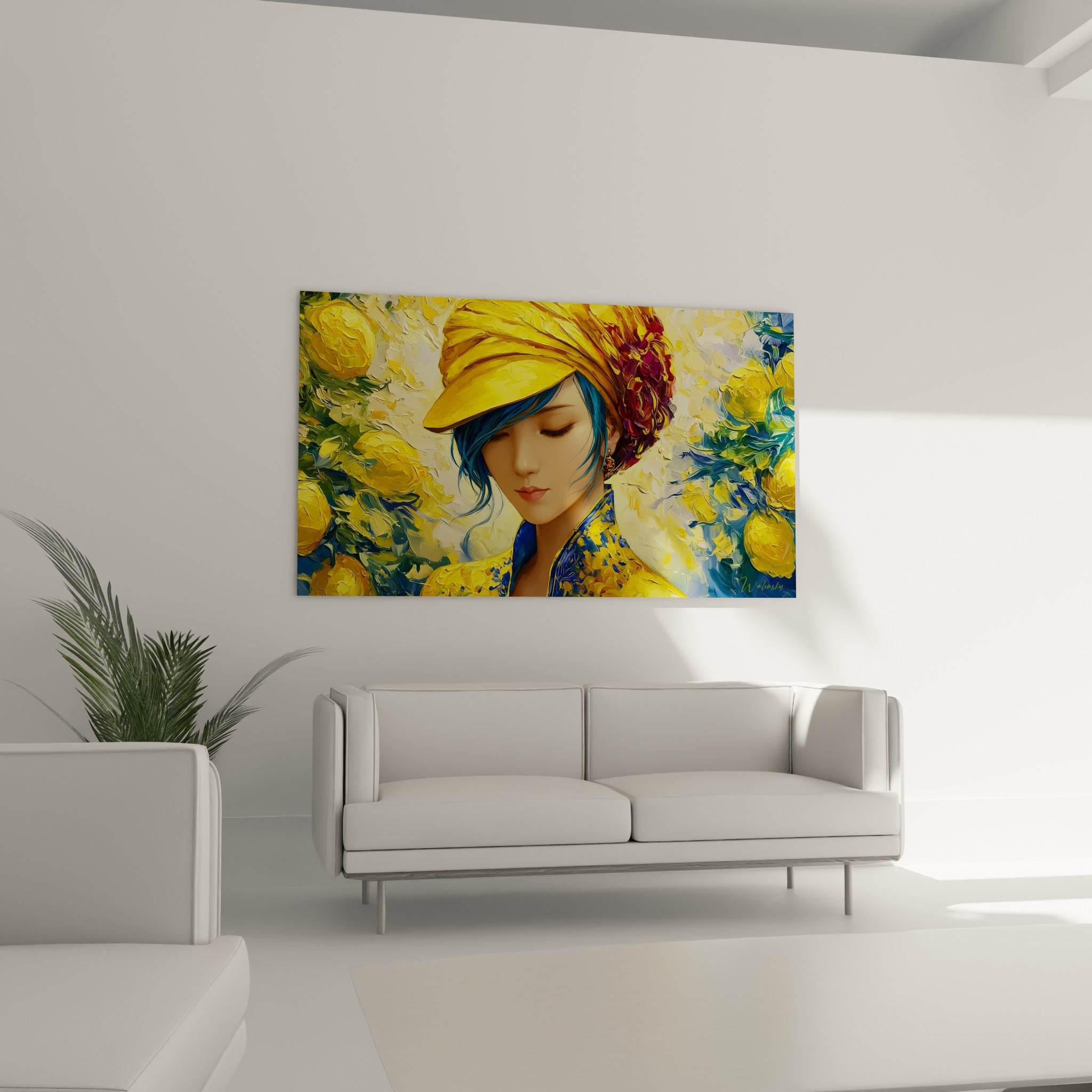 Visage baissé sous un turban jaune vif, entouré de citrons peints, au-dessus d'un canapé dans un salon lumineux