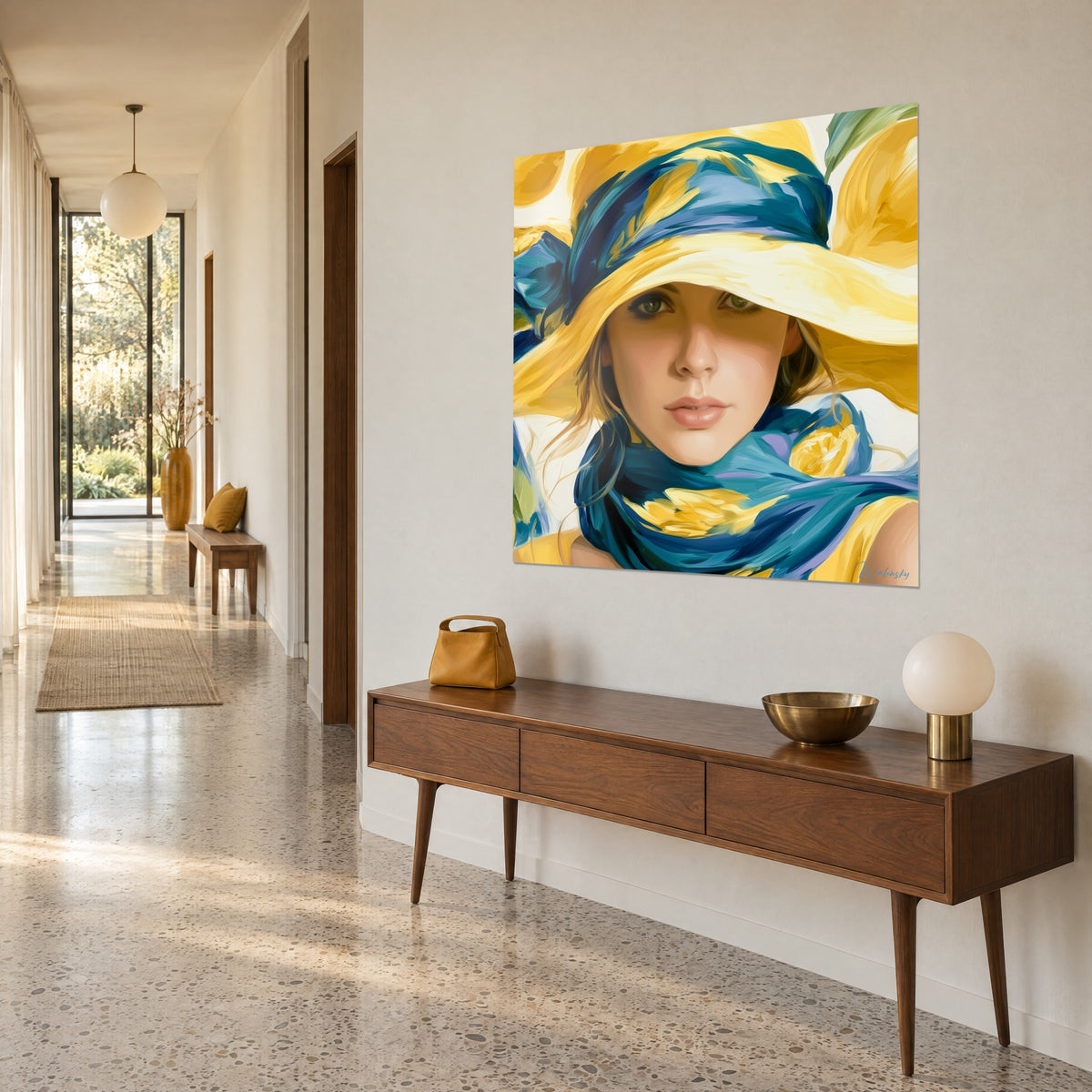 Wall art face under a lemon straw hat, turquoise scarf knotted, thick brushstrokes, beige hallway wall from the 1950s